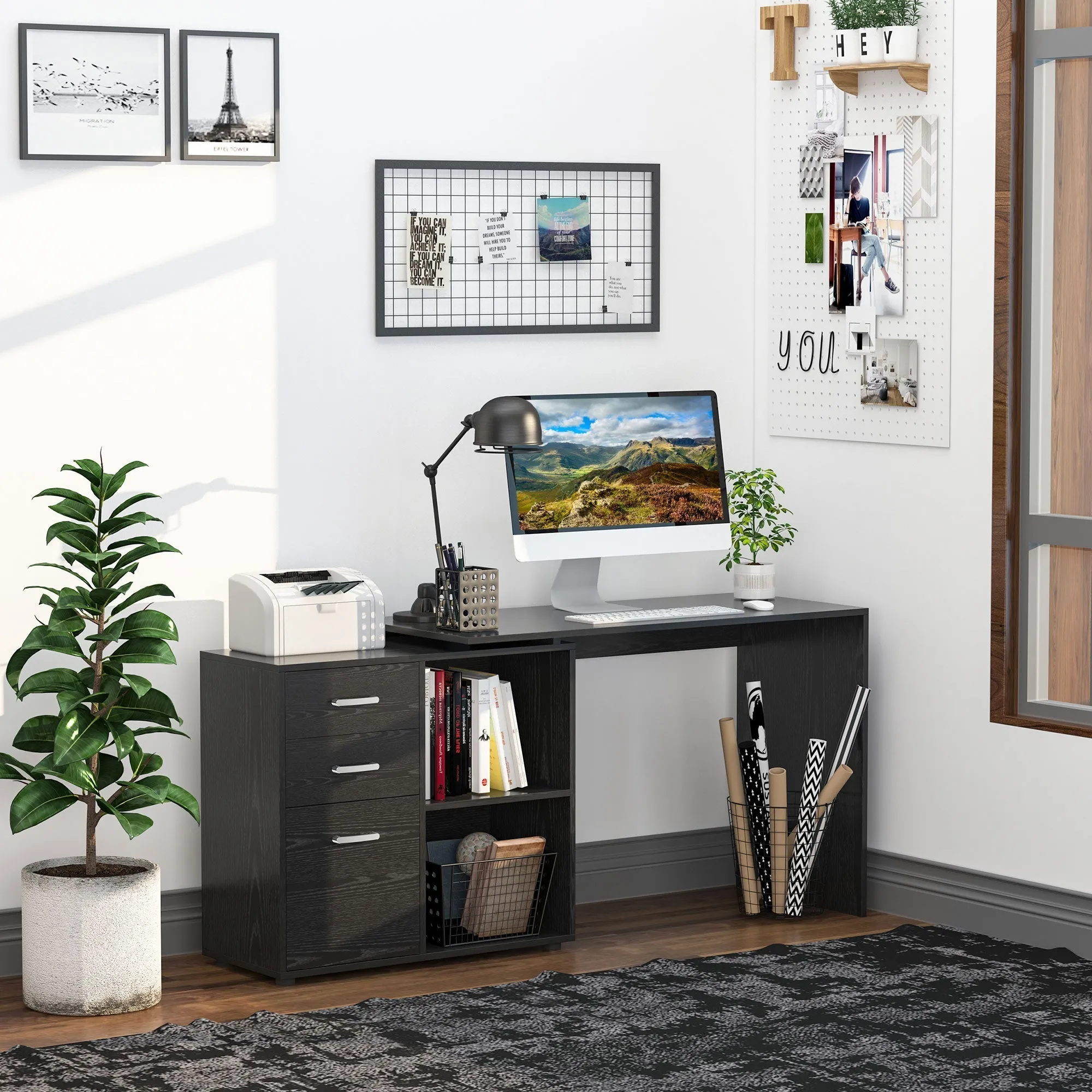 Corner PC Desk with 2 Drawers and Open Shelves, L-Shaped Corner Desk in Wood and Metal, 117x83. 5x76 cm, Black - Image 2