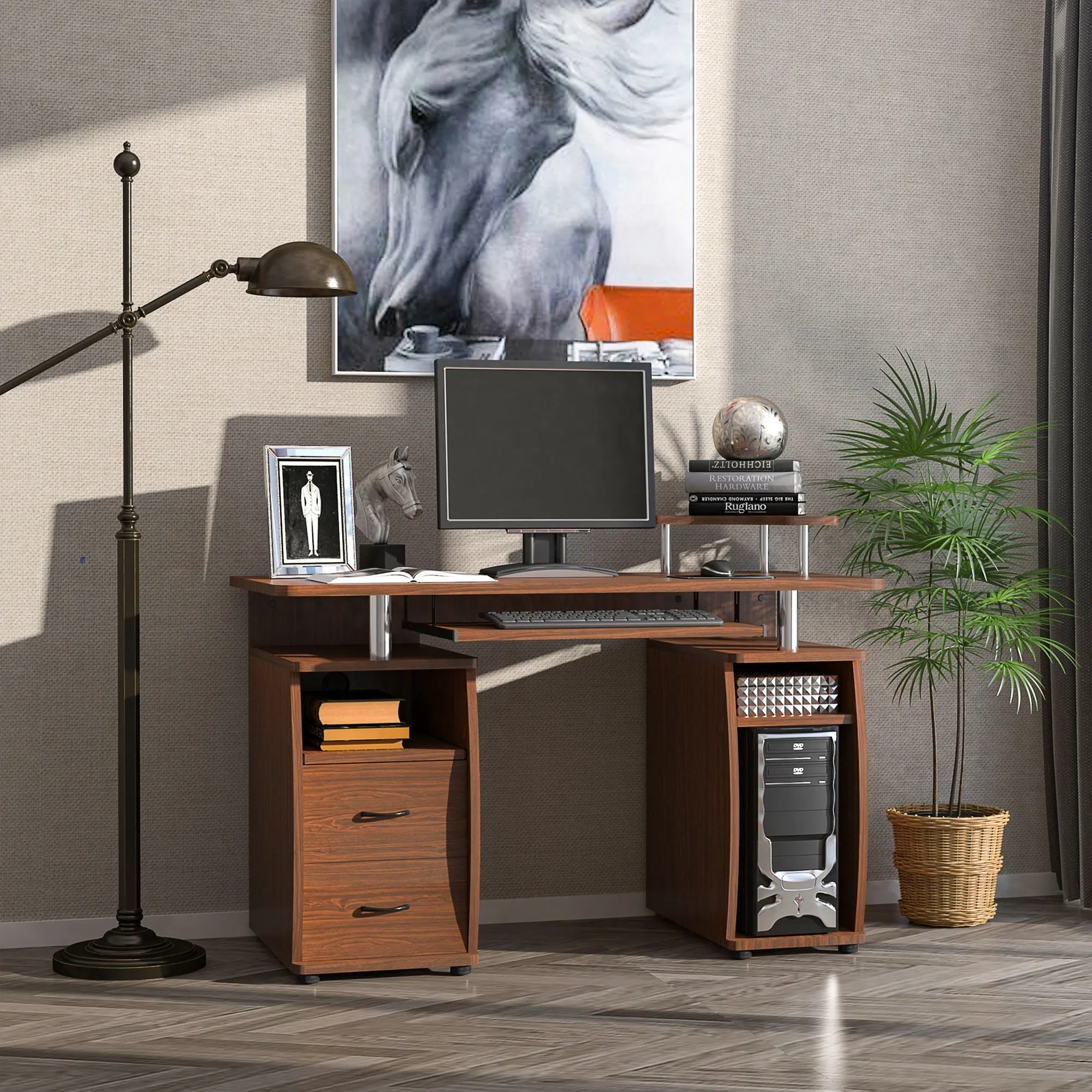 Desk PC Wooden Door With Drawers And Home Keyboard and Walnut Office - Image 2