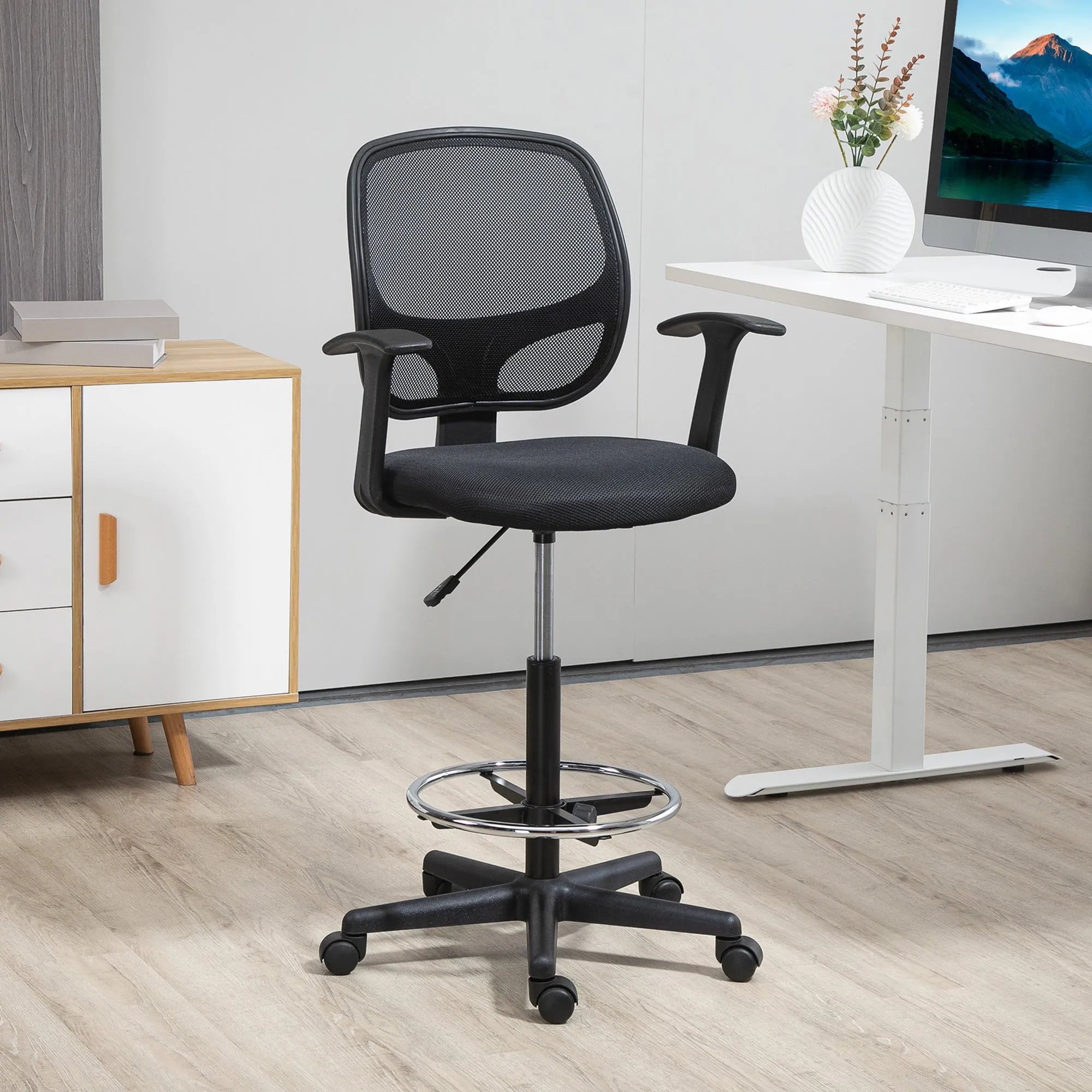 Height Adjustable Office Chair with Armrests, Wheels and Padded Seat, 60x56x110-132 cm, Black - Image 2
