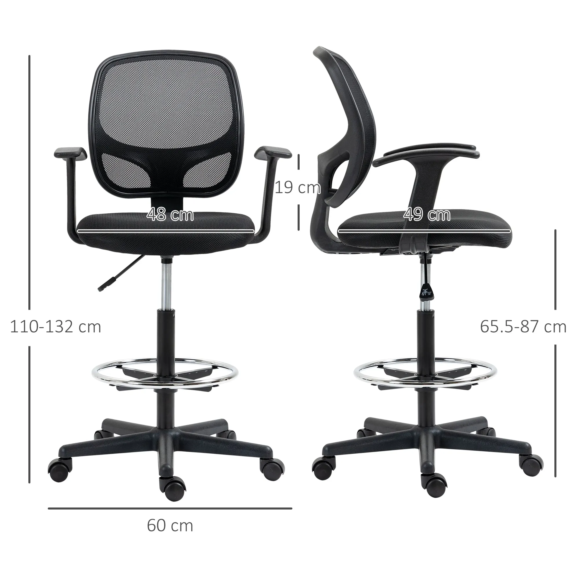 Height Adjustable Office Chair with Armrests, Wheels and Padded Seat, 60x56x110-132 cm, Black - Image 3