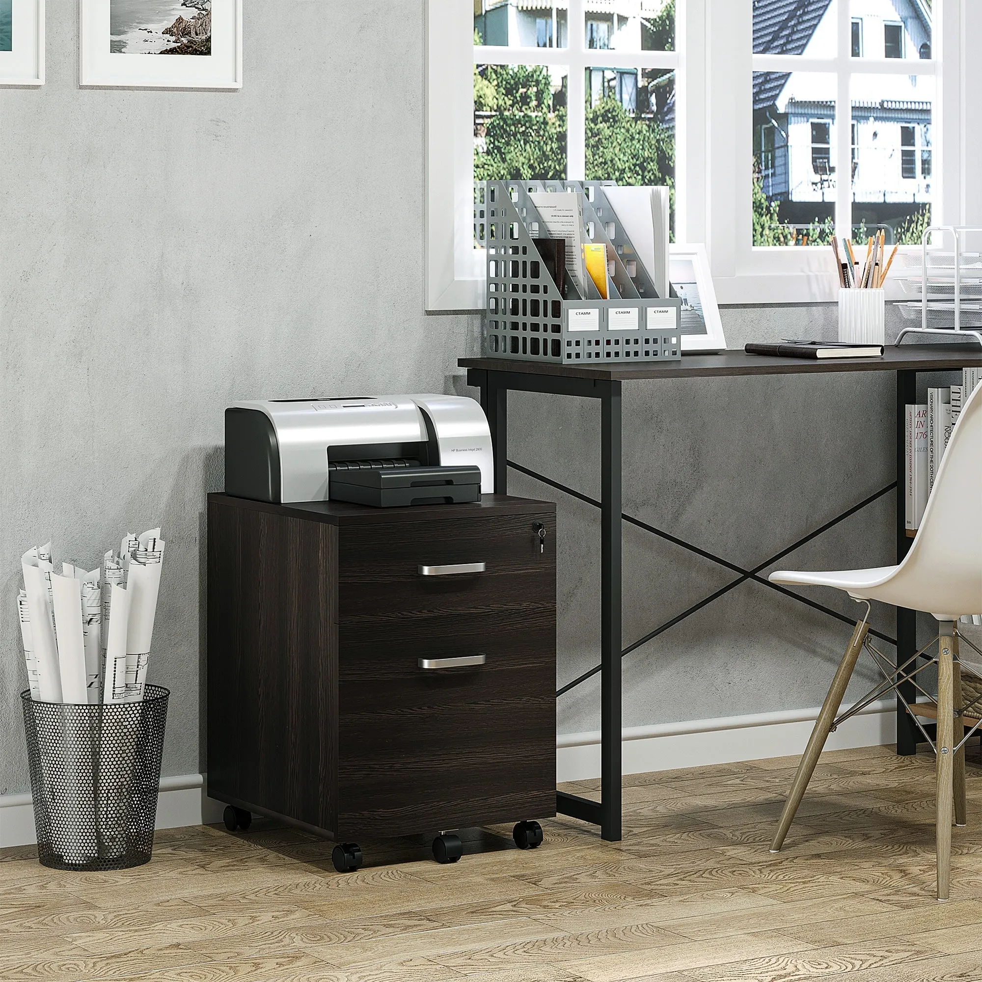 Office File Cabinet Wooden Desk Drawer Cabinet, 2 Drawers, Lock with 2 Keys, Black, 40x45x55.6cm - Image 2