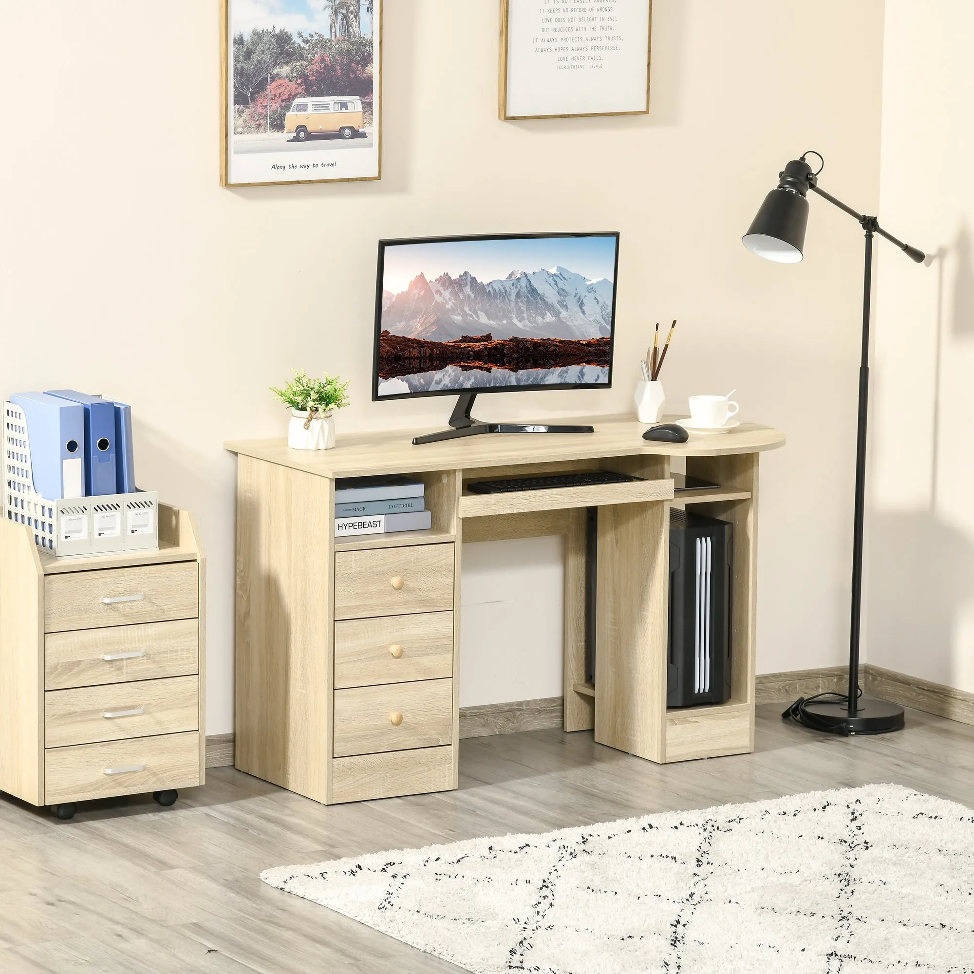 Desk from PC to Office with shelves, drawers and wooden headboard, 125x60x74cm - Image 2
