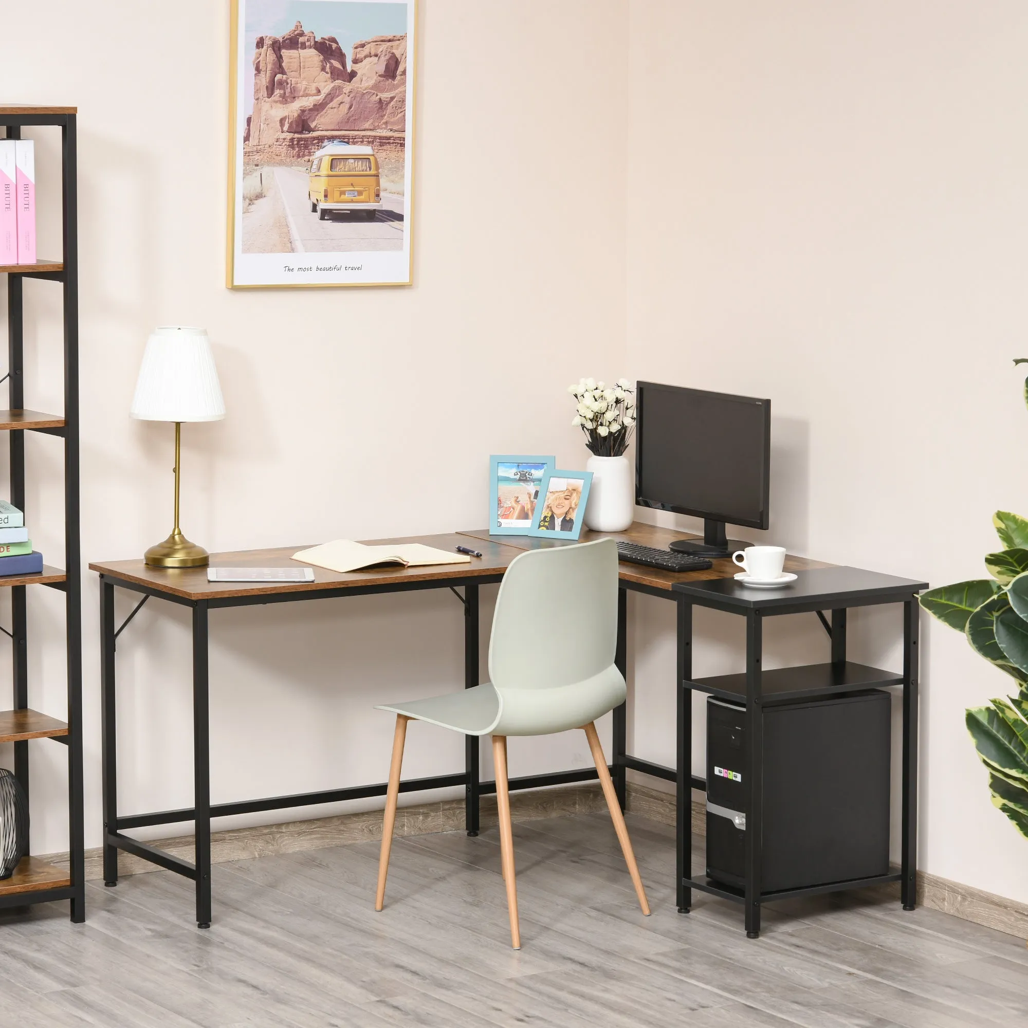 angular desk for industrial style computer with black side shelf - Image 2