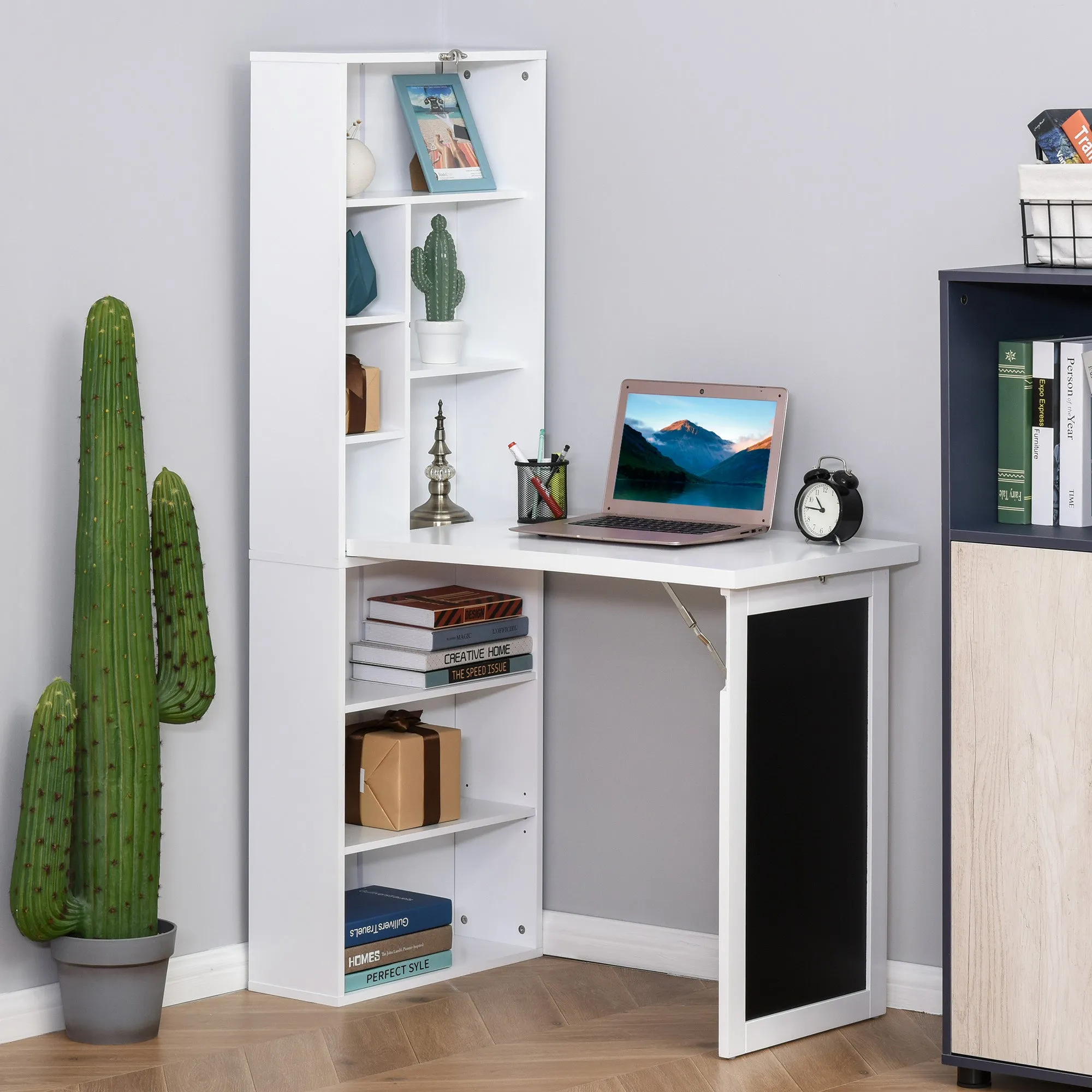 Folding PC Desk with 9-Tier Bookcase in Wood and Metal, 98x51x153 cm, White - Image 2