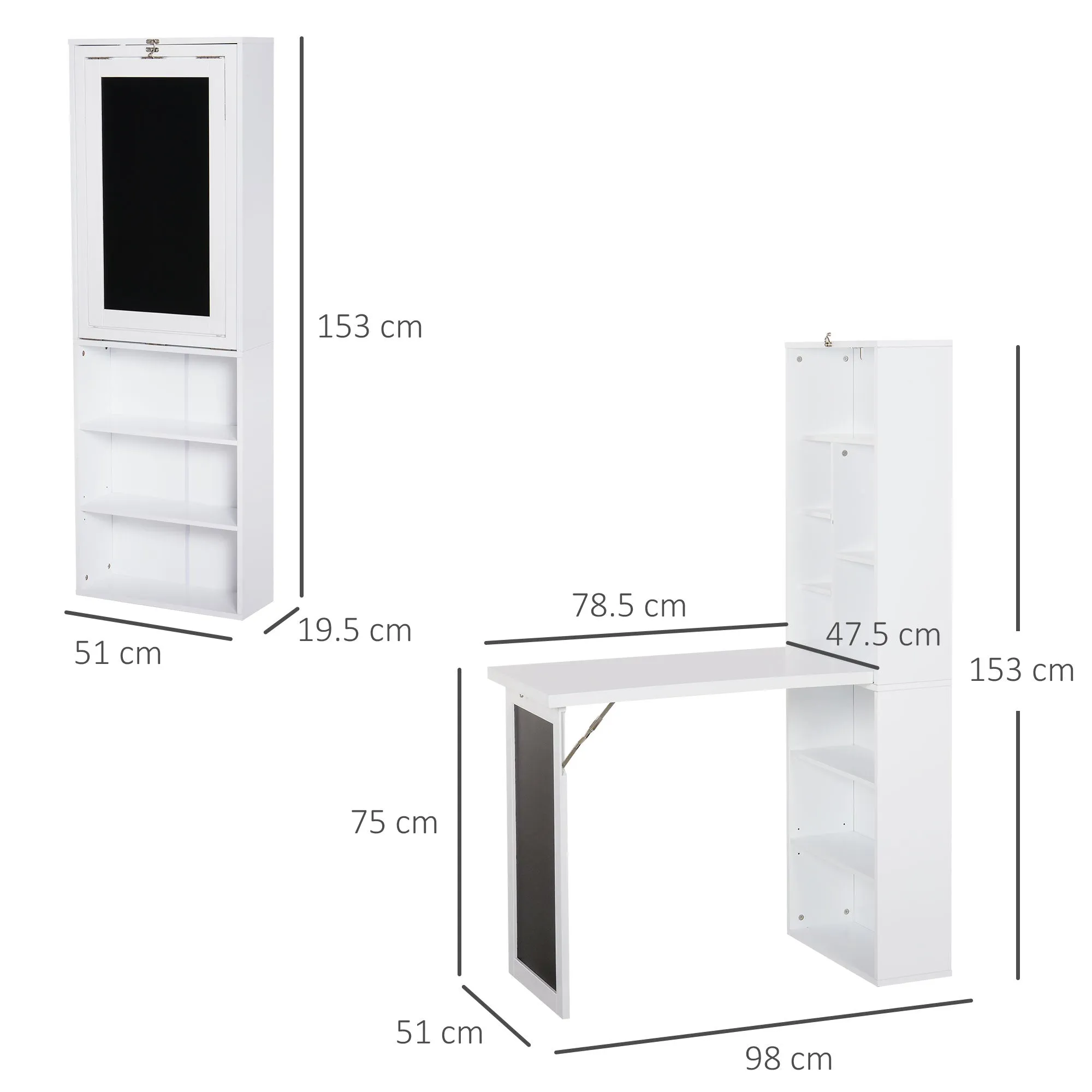 Folding PC Desk with 9-Tier Bookcase in Wood and Metal, 98x51x153 cm, White - Image 3