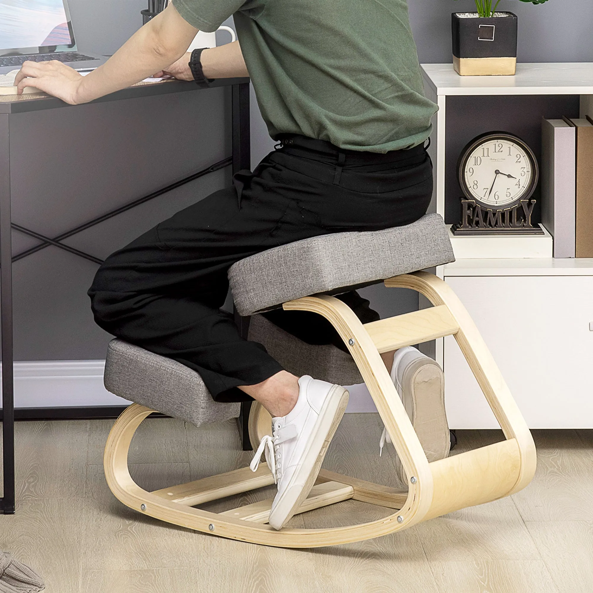 Ergonomic Chair with Kneeler in Birch Wood and Padded Cushion, 51x69x58 cm, Grey - Image 2