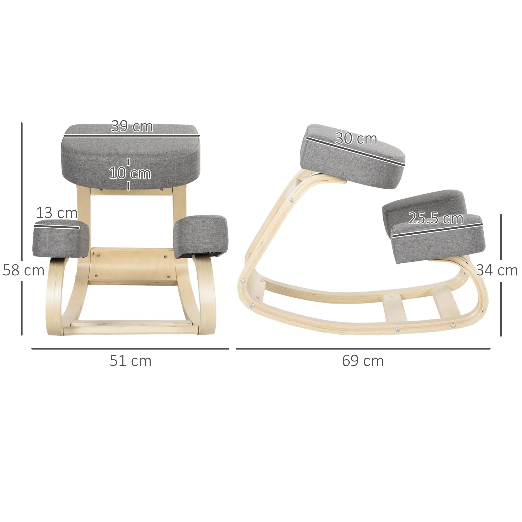 Ergonomic Chair with Kneeler in Birch Wood and Padded Cushion, 51x69x58 cm, Grey - Image 3