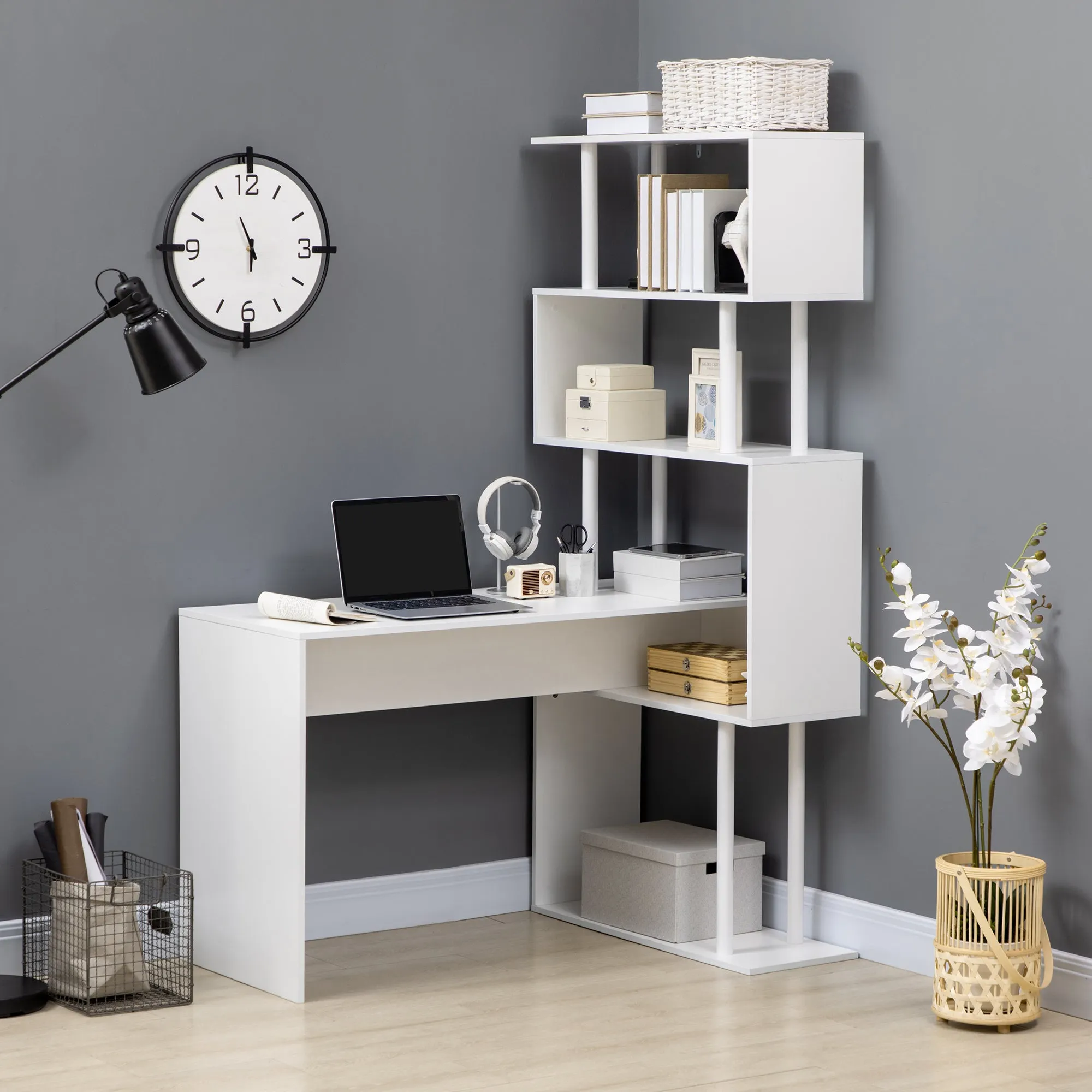 Modern Chipboard Corner Desk for Office and Study with 4-Tier Shelf, 120x80x176 cm, White - Image 2