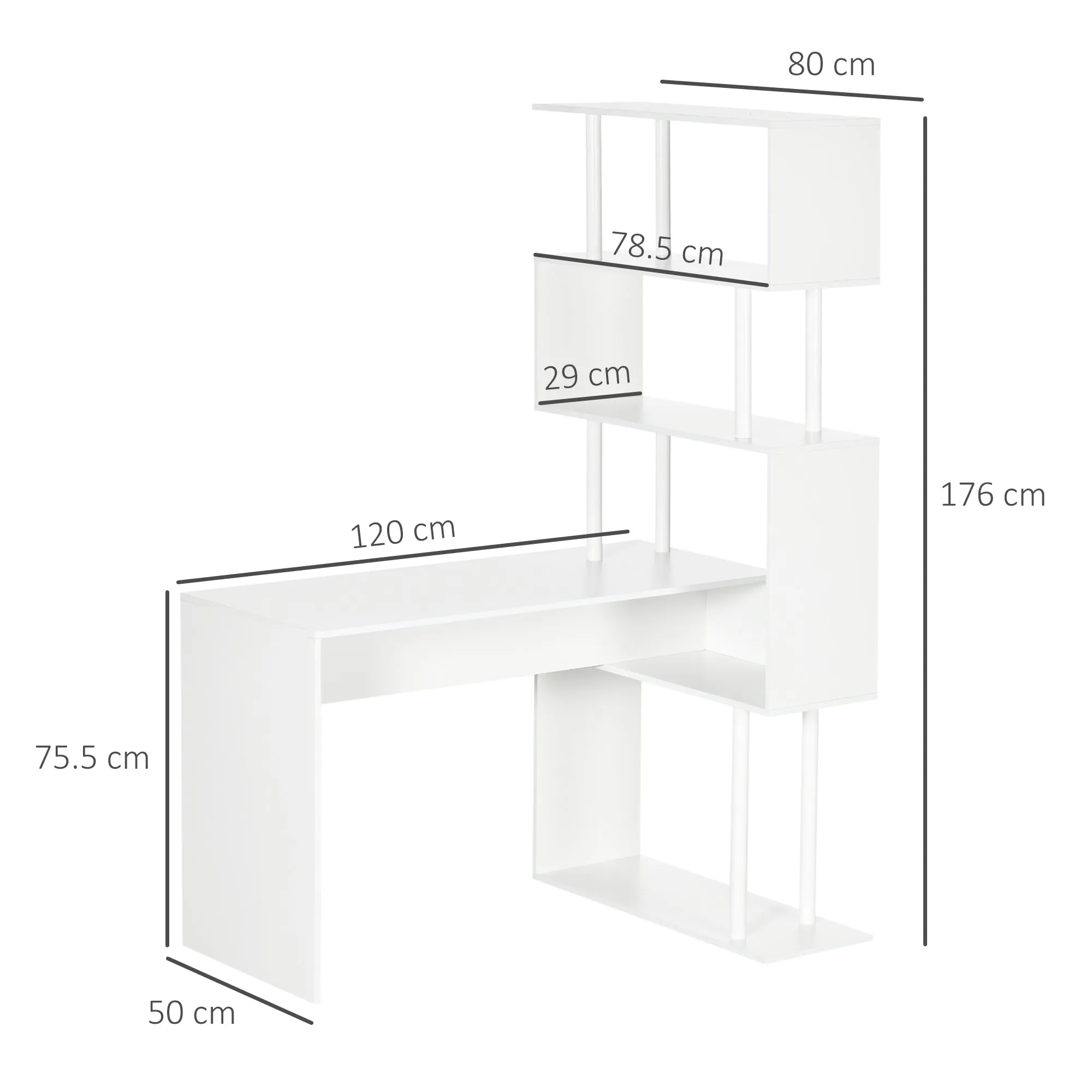 Modern Chipboard Corner Desk for Office and Study with 4-Tier Shelf, 120x80x176 cm, White - Image 3