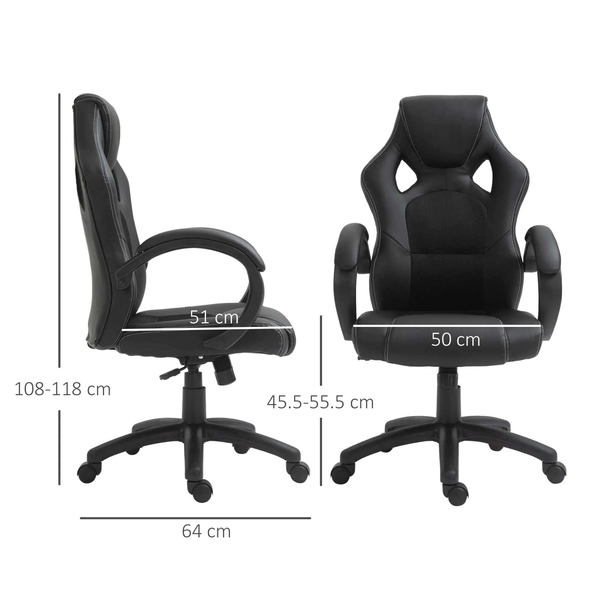 Height Adjustable Gaming Chair, Office Chair with Rocking Function, Swivel and Reclining, 71x61x108-118 cm, Black - Image 3