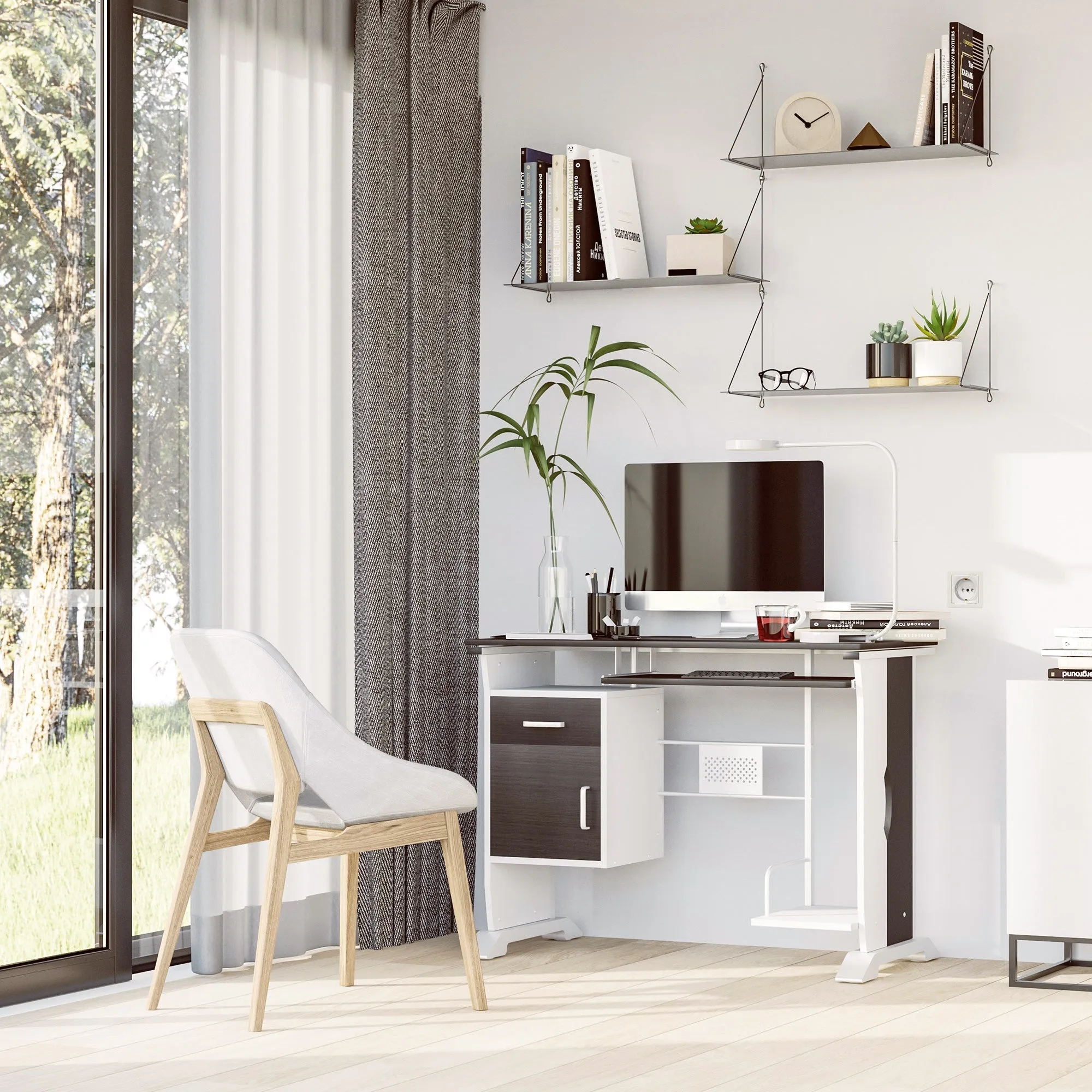 Desk PC office door with wooden drawers, 100x52x75cm, walnut color - Image 2