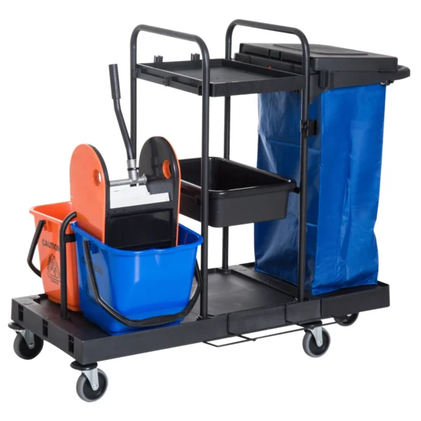 Professional 3-Tier Cleaning Trolley with Garbage Bag, Broom Hooks, Mop Bucket with Mop Wringer and 5 Wheels, for Hotel and Inn, 111x63. 3x103 cm, Black