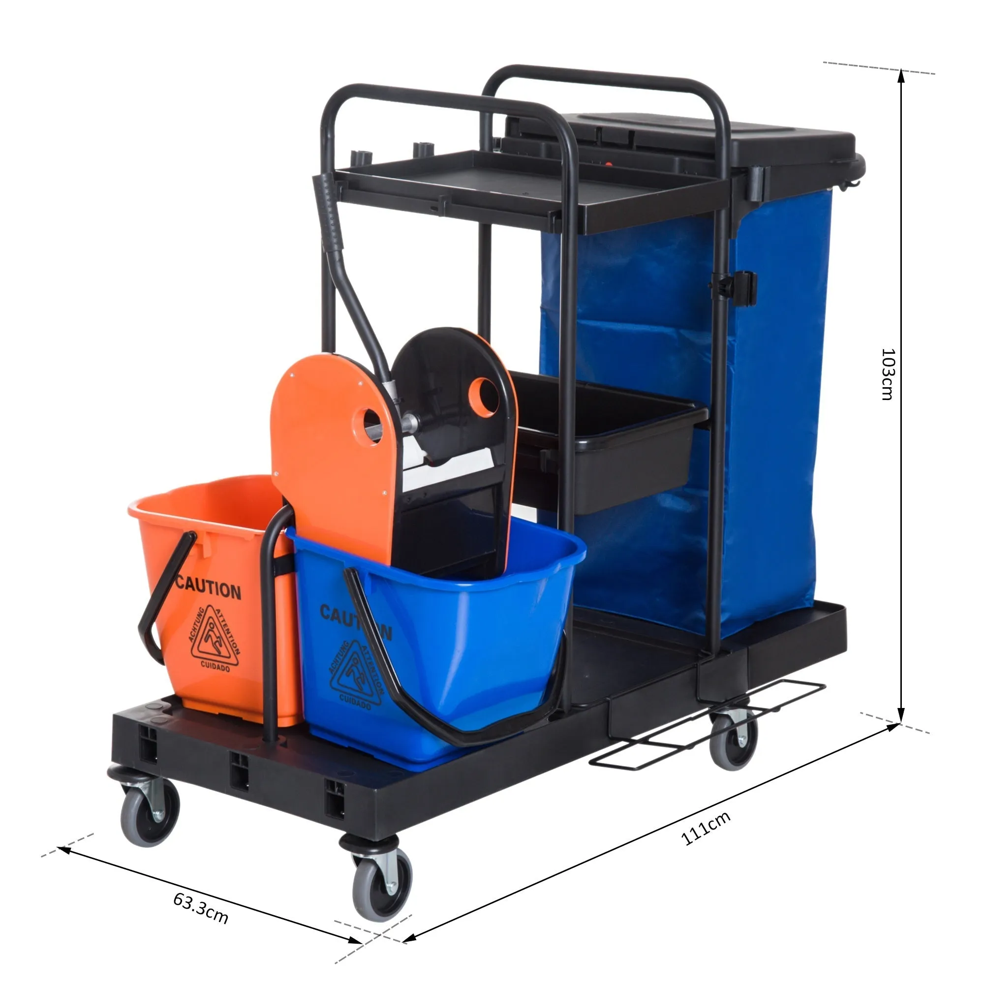 Professional 3-Tier Cleaning Trolley with Garbage Bag, Broom Hooks, Mop Bucket with Mop Wringer and 5 Wheels, for Hotel and Inn, 111x63. 3x103 cm, Black - Image 3