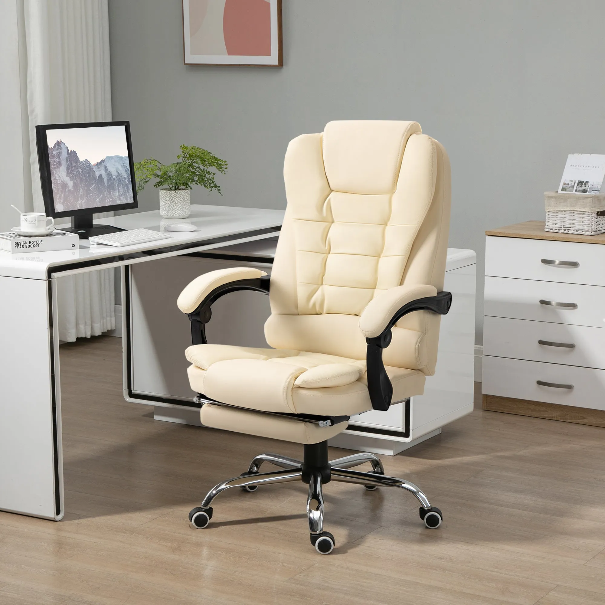 White Faux Leather Presidential Chair with 145° Reclining Backrest and Footrest, 64.5x69x109-117 cm - Image 2