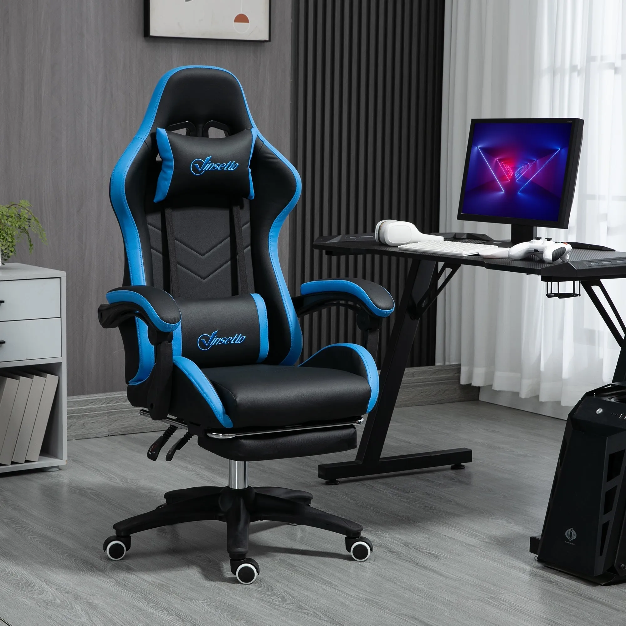 Gaming Chair with Adjustable Height and Reclining Backrest, 65x65x121-129 cm, Blue and Black - Image 2