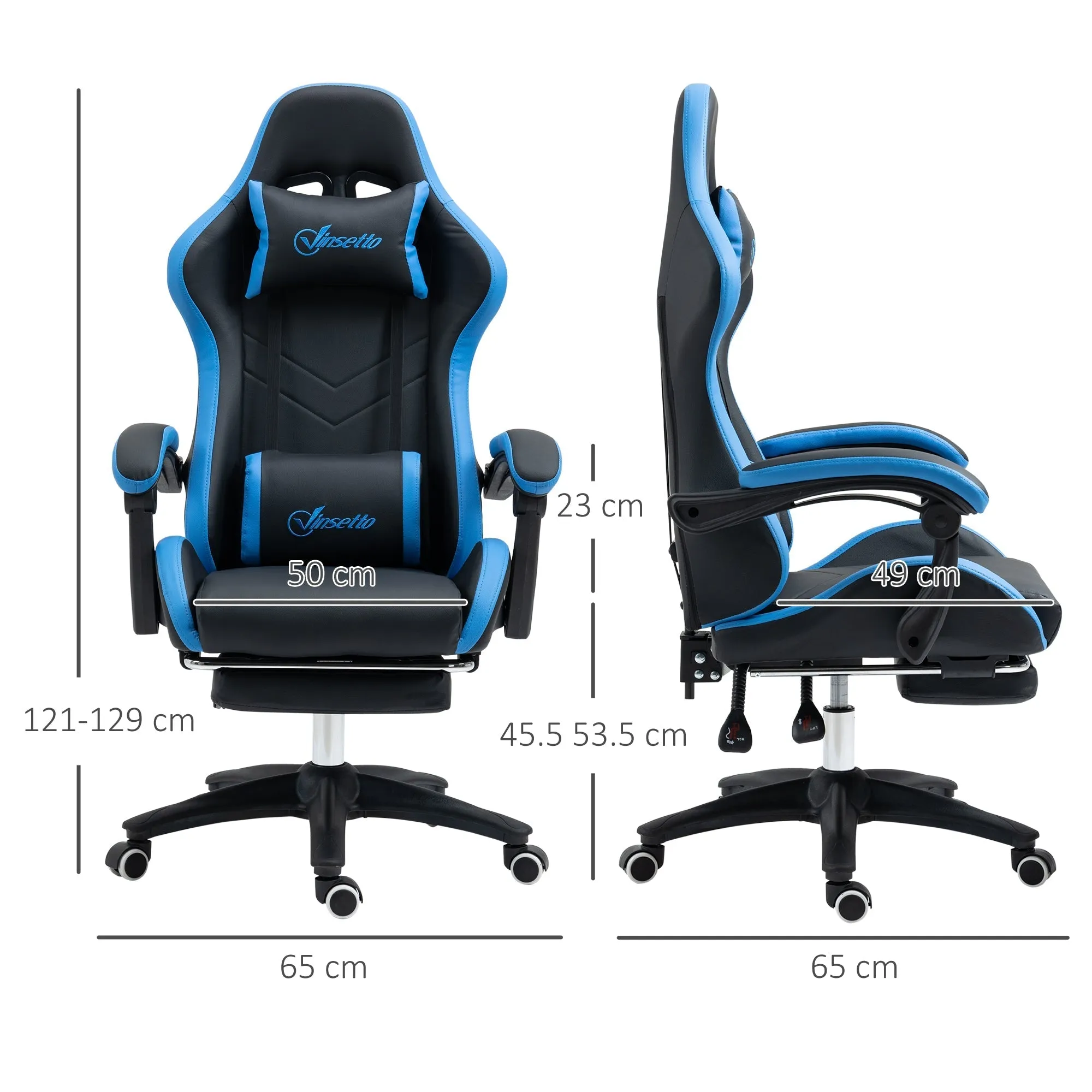 Gaming Chair with Adjustable Height and Reclining Backrest, 65x65x121-129 cm, Blue and Black - Image 3