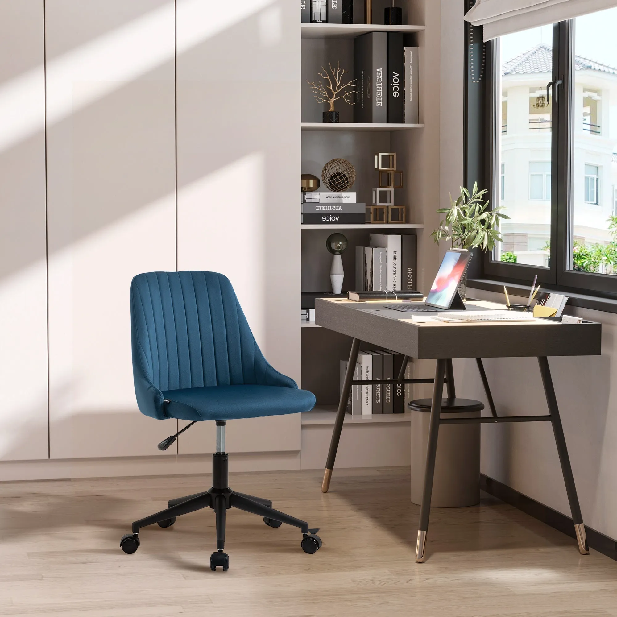 Blue Velvet Office Chair with Adjustable Height, Ergonomic 360° Swivel Chair with Wheels, 50x58x77-87cm - Image 2