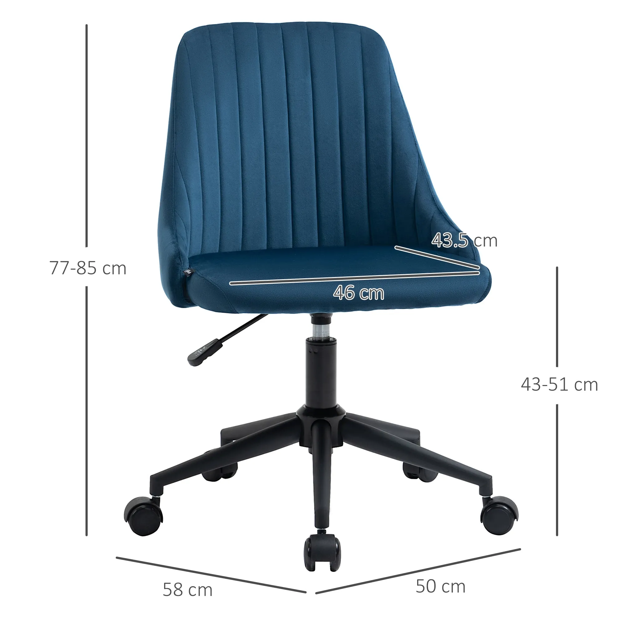 Blue Velvet Office Chair with Adjustable Height, Ergonomic 360° Swivel Chair with Wheels, 50x58x77-87cm - Image 3