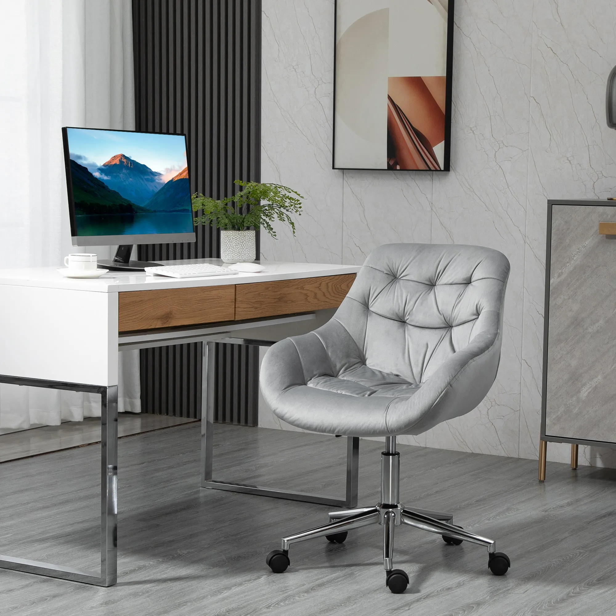 Ergonomic Swivel Office Chair with Adjustable Height and Wheels, Velvet Upholstery, 59x58x80-90cm, Grey - Image 2