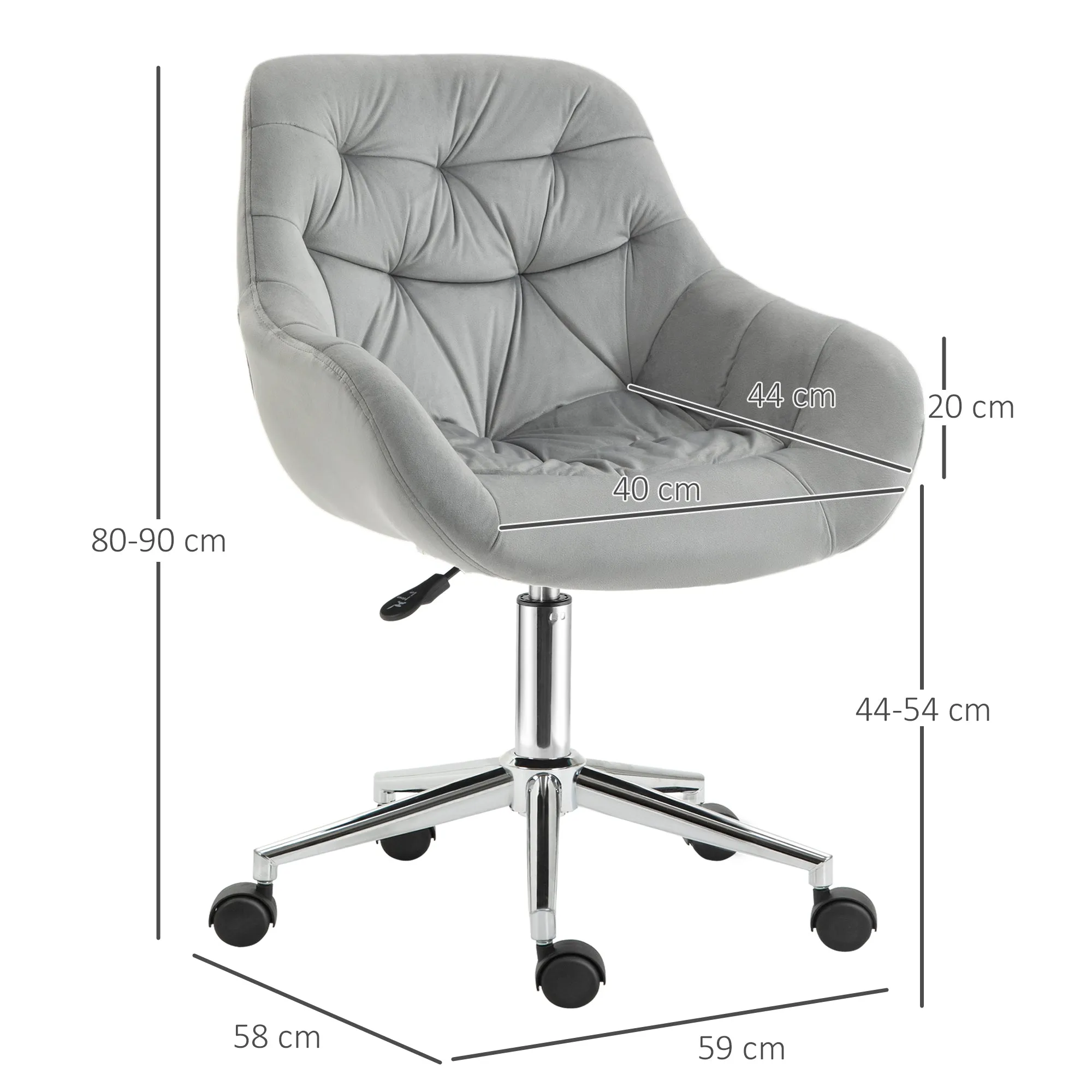 Ergonomic Swivel Office Chair with Adjustable Height and Wheels, Velvet Upholstery, 59x58x80-90cm, Grey - Image 3