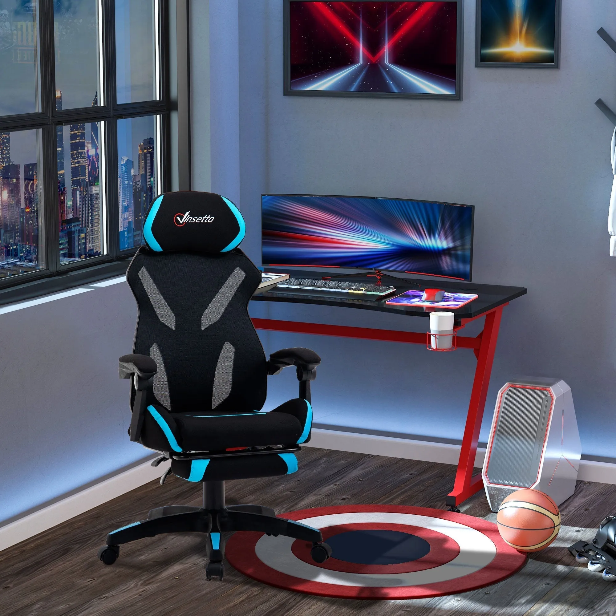 Gaming Chair with Lumbar Support, Ergonomic Office Chair with Adjustable Height in Black and Blue Fabric, 65x65x119-129cm - Image 2