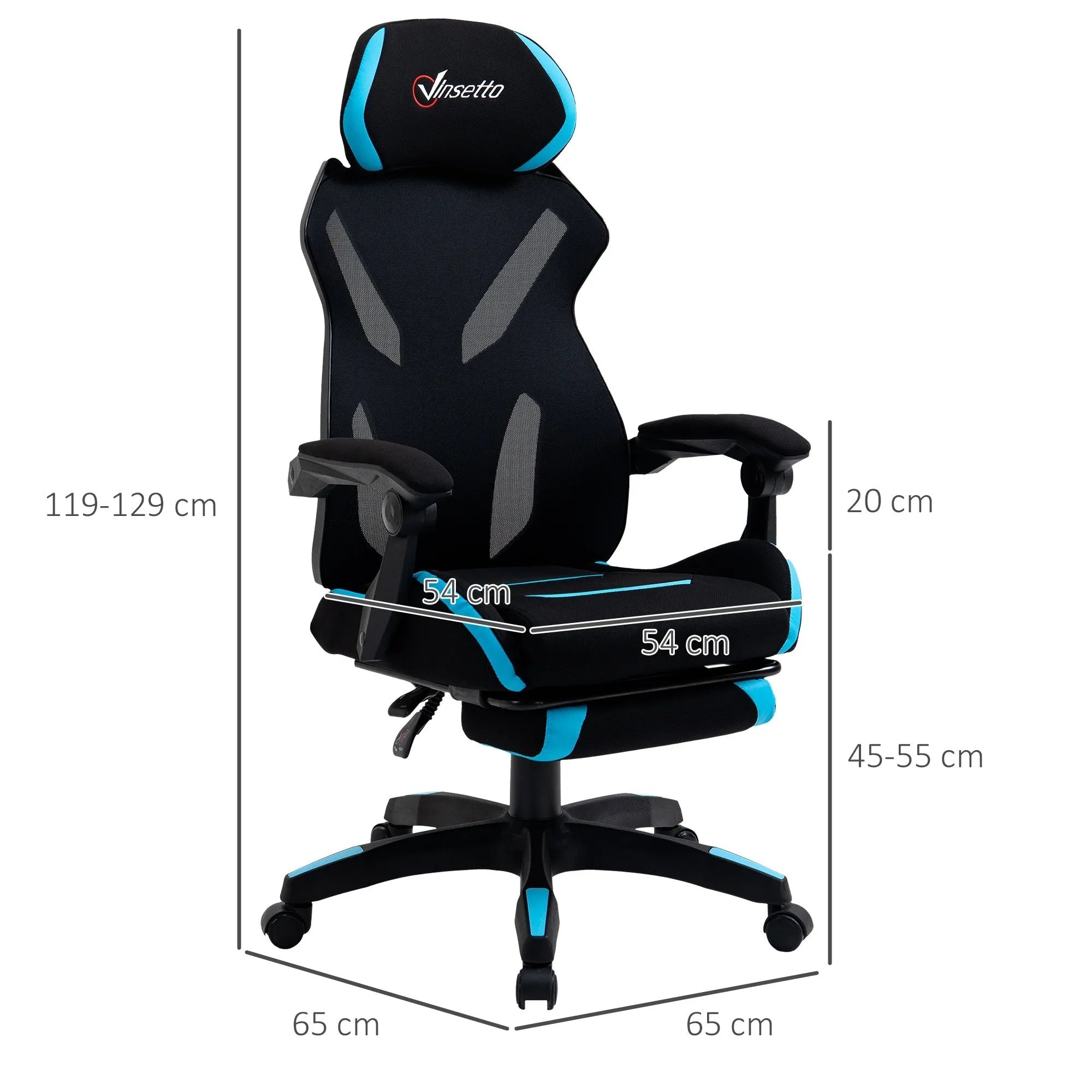 Gaming Chair with Lumbar Support, Ergonomic Office Chair with Adjustable Height in Black and Blue Fabric, 65x65x119-129cm - Image 3