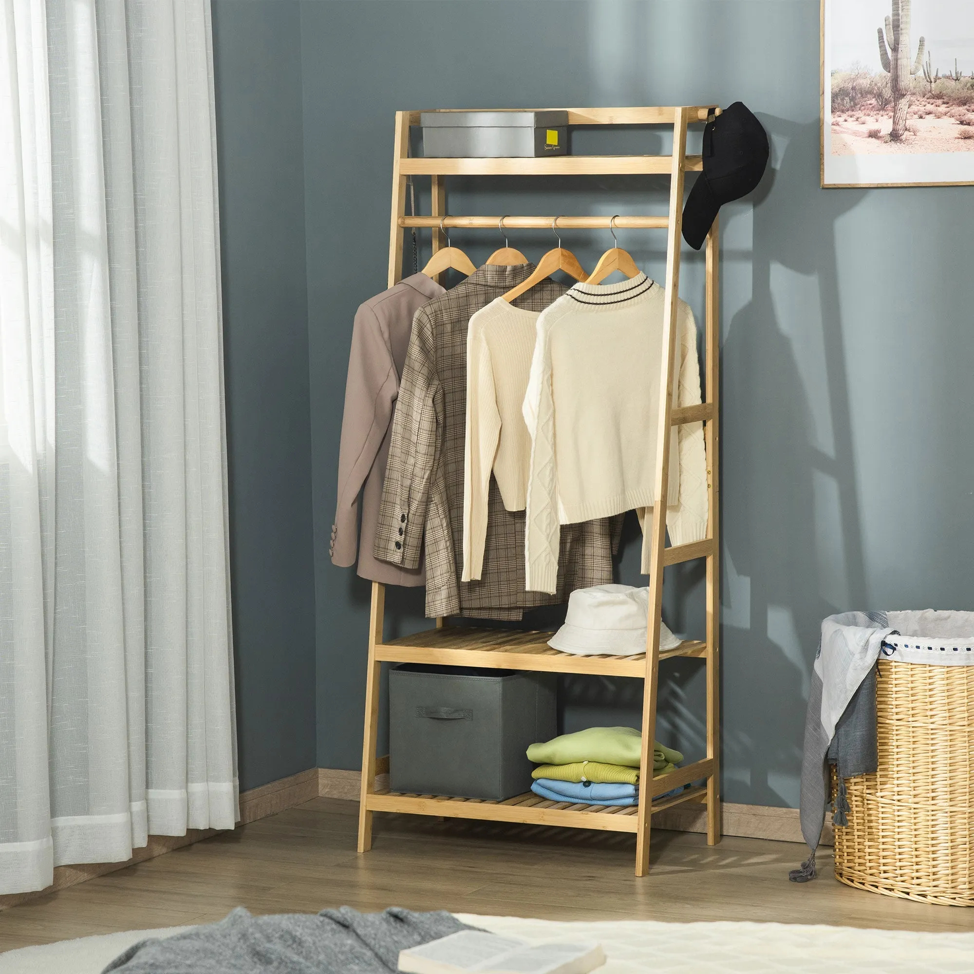 hanger in bamboo wood from the ground with shelves, 70x42x164cm, wood color - Image 2