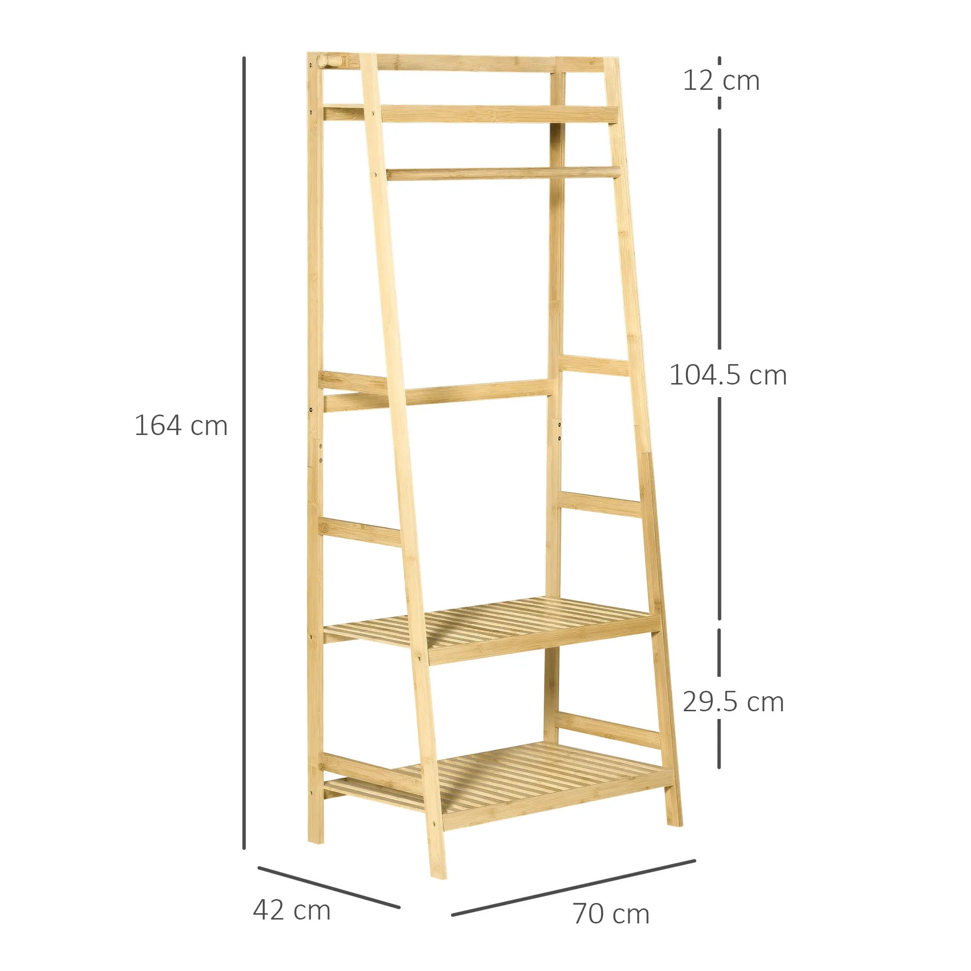hanger in bamboo wood from the ground with shelves, 70x42x164cm, wood color - Image 3