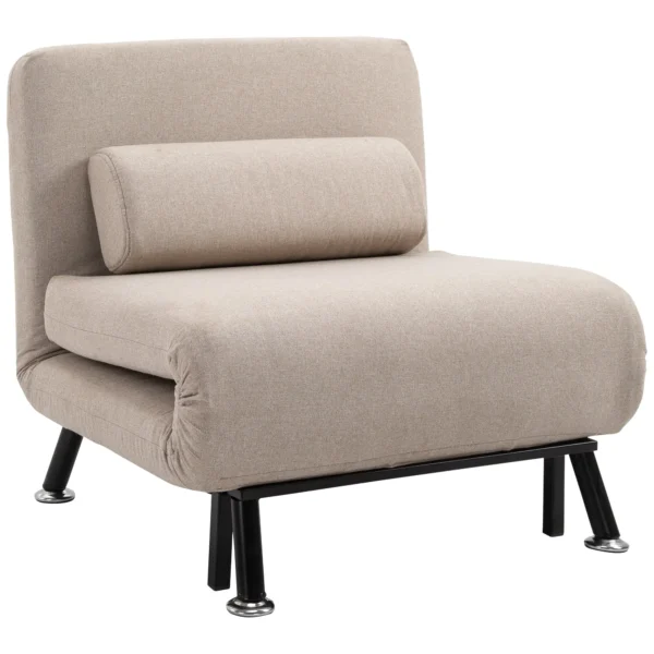 Single Sofa Bed, Armchair with Removable Mattress and Padded Cushion - 90-180° Adjustable Backrest and Metal Frame - 75x70x75 cm, Beige