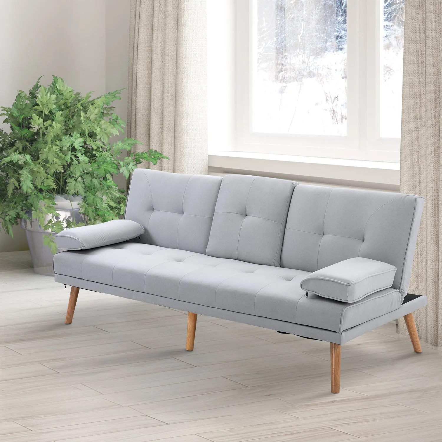 3 Seater Scandinavian Style Reclining Sofa Bed with Drop-Leaf Table, 181x77x88 cm, Grey - Image 2