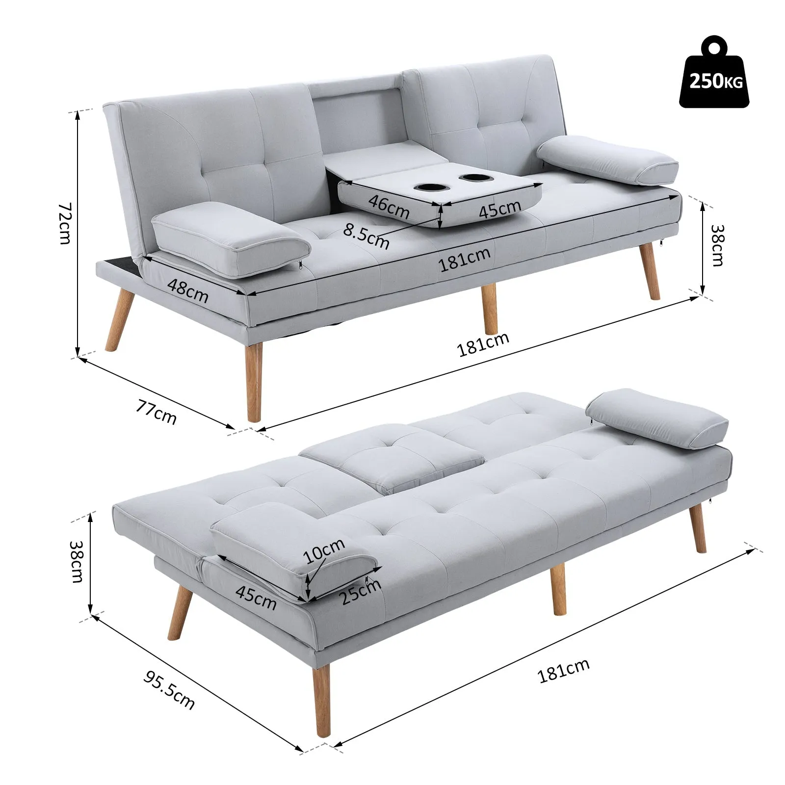 3 Seater Scandinavian Style Reclining Sofa Bed with Drop-Leaf Table, 181x77x88 cm, Grey - Image 3