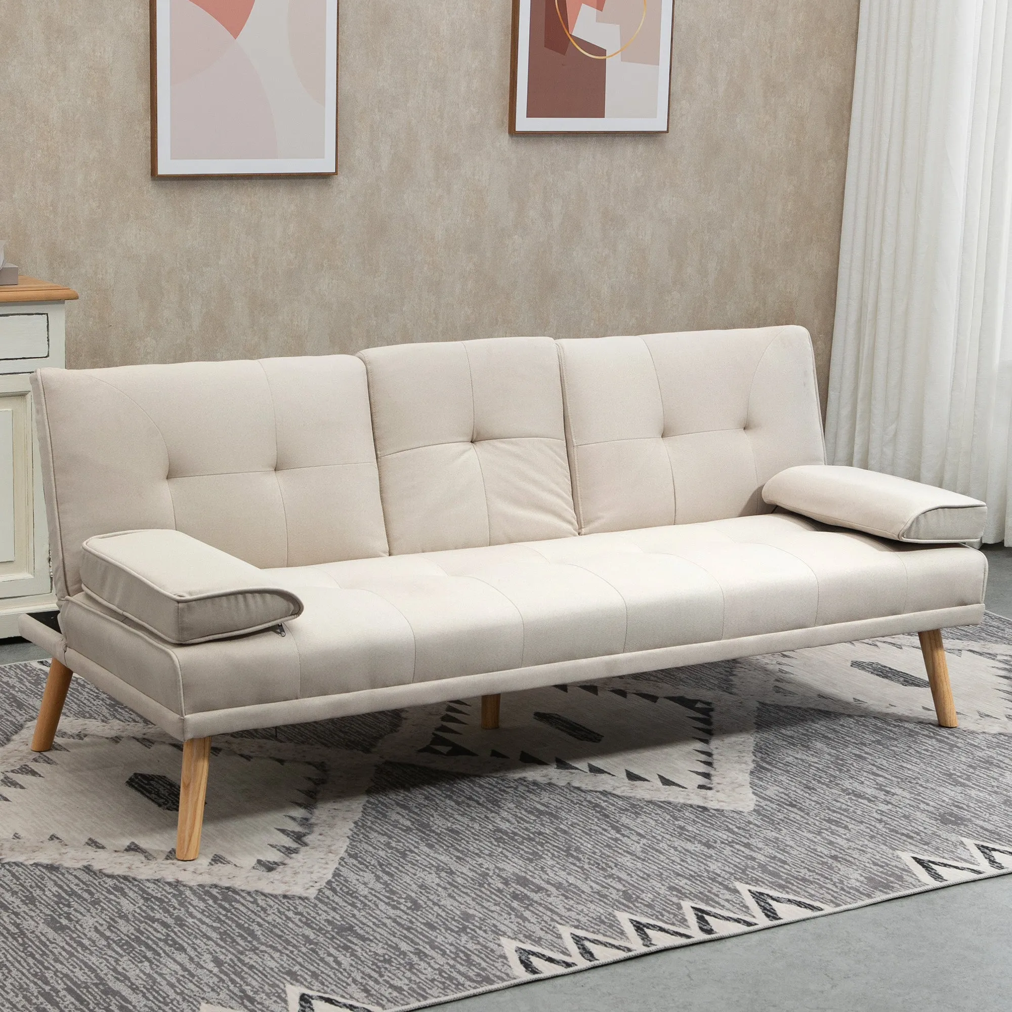 3 Seater Reclining Sofa Bed with Linen Effect Upholstery and Drop-Leaf Table, Beige - Image 2