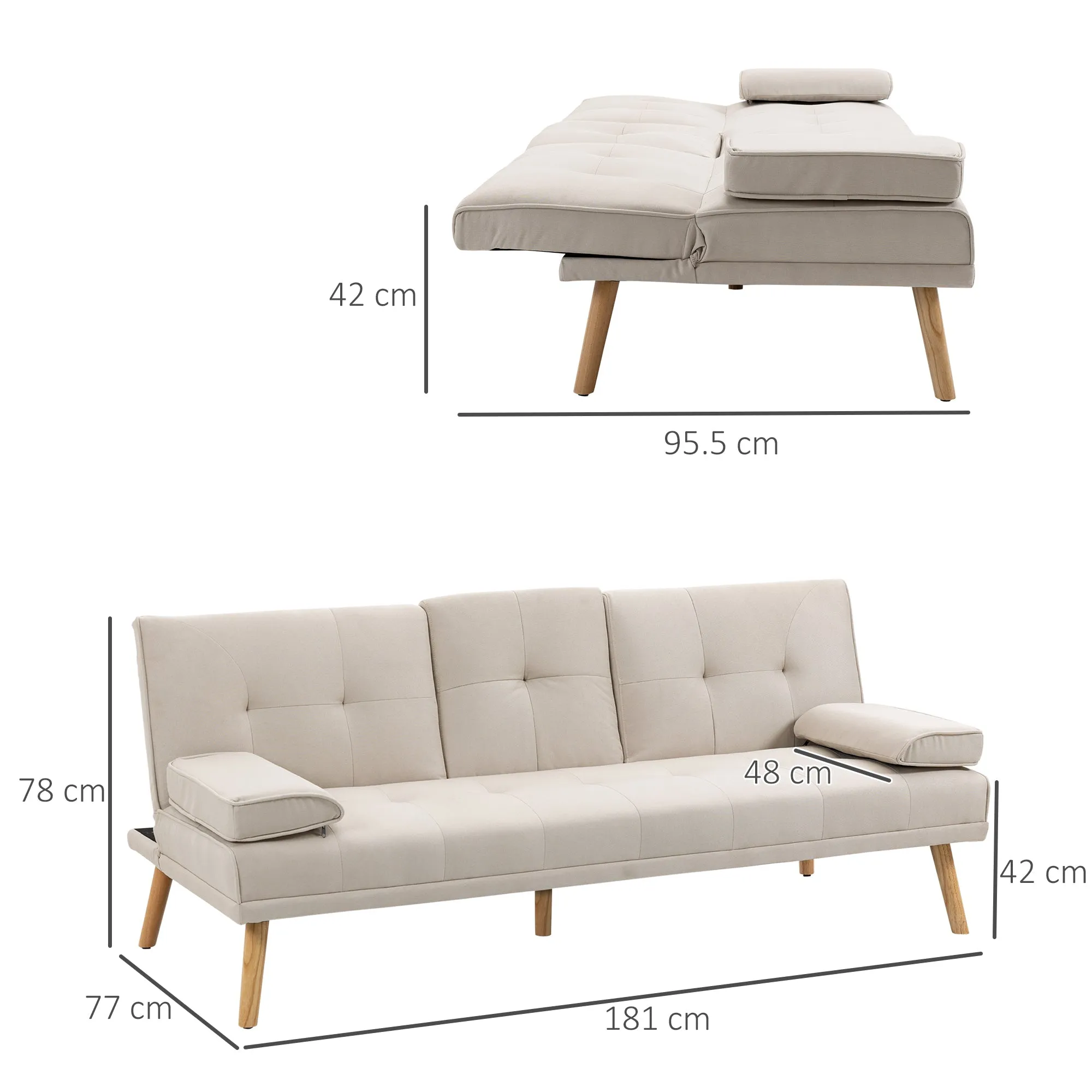 3 Seater Reclining Sofa Bed with Linen Effect Upholstery and Drop-Leaf Table, Beige - Image 3