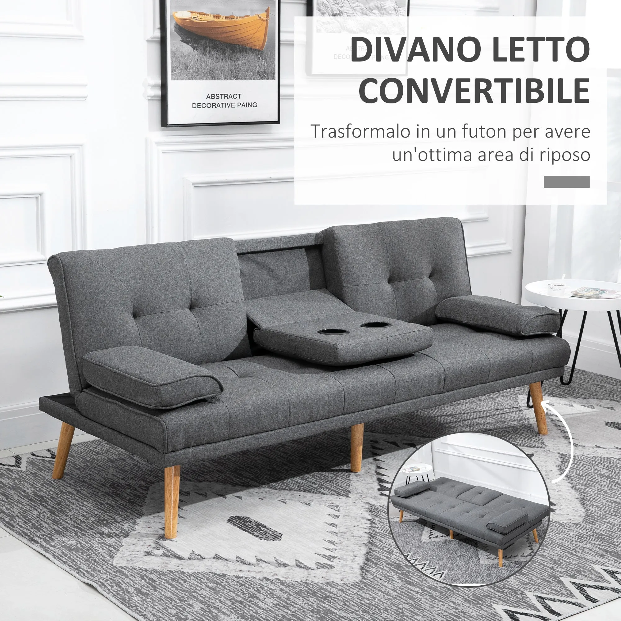 3 Seater Reclining Sofa Bed with 2 Detachable Armrests, in Linen Effect Fabric and Poplar Wood, 181x77x78 cm - Image 3
