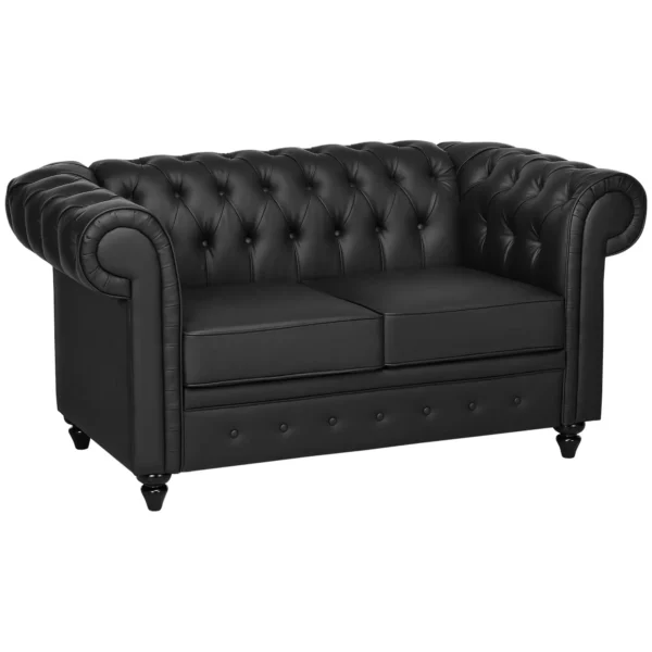 Chesterfield Style 2 Seater Sofa PU Leather with Removable Cushion, 160x84x80 cm, Black