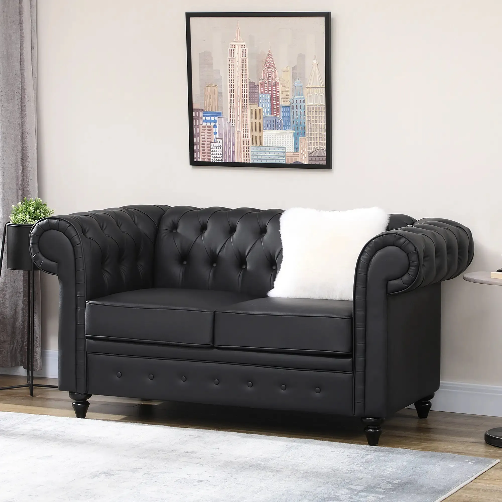 Chesterfield Style 2 Seater Sofa PU Leather with Removable Cushion, 160x84x80 cm, Black - Image 2