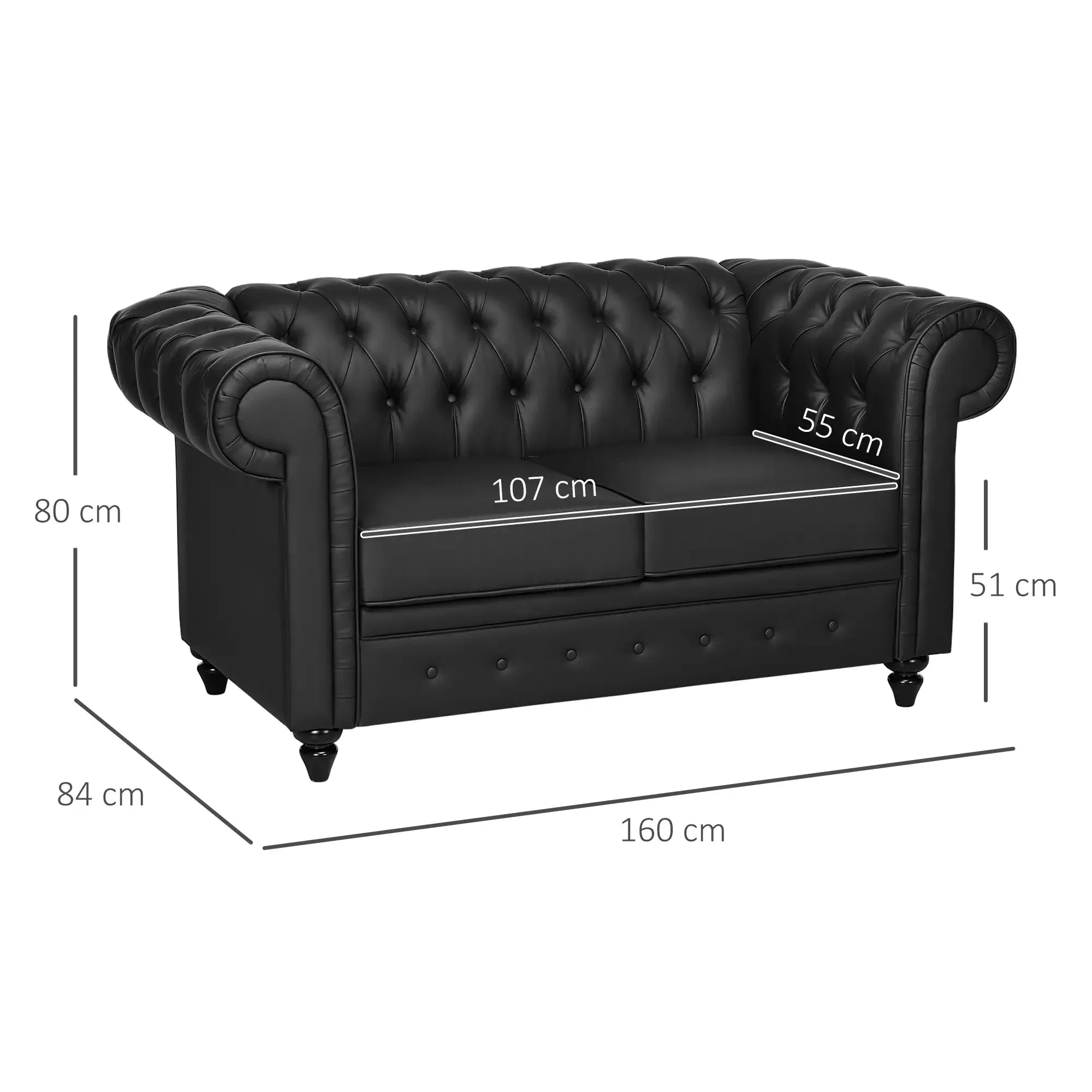 Chesterfield Style 2 Seater Sofa PU Leather with Removable Cushion, 160x84x80 cm, Black - Image 3