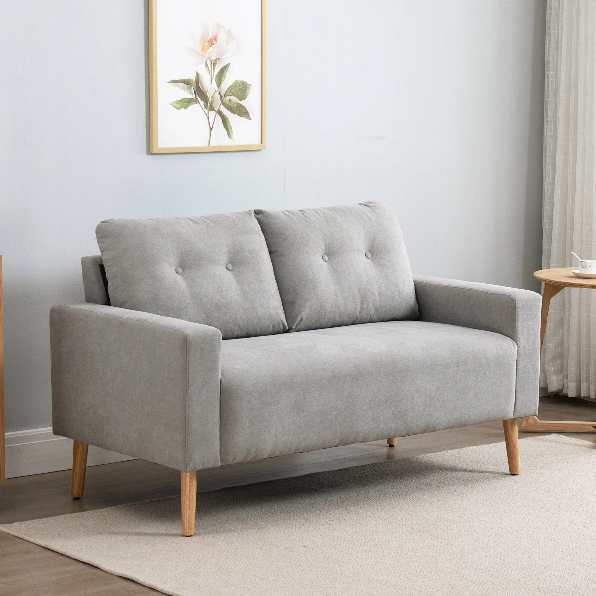 Nordic Style Modern 2-Seater Sofa with Quilted Backrest, Polyester and Wood, 145x76x88 cm, Light Grey - Image 2