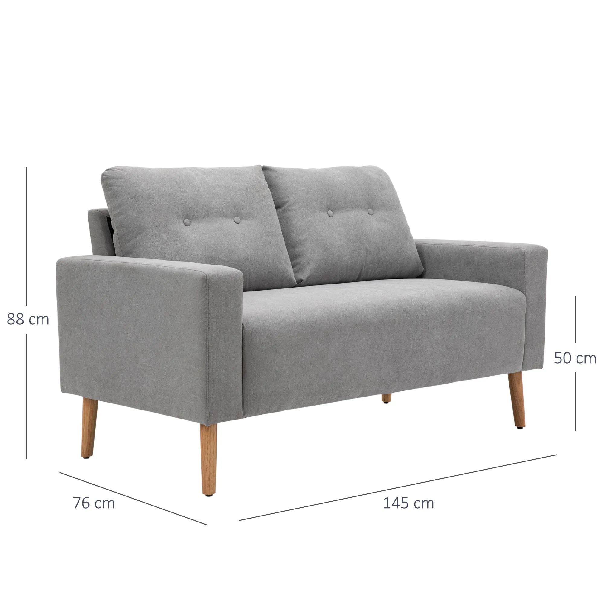 Nordic Style Modern 2-Seater Sofa with Quilted Backrest, Polyester and Wood, 145x76x88 cm, Light Grey - Image 3