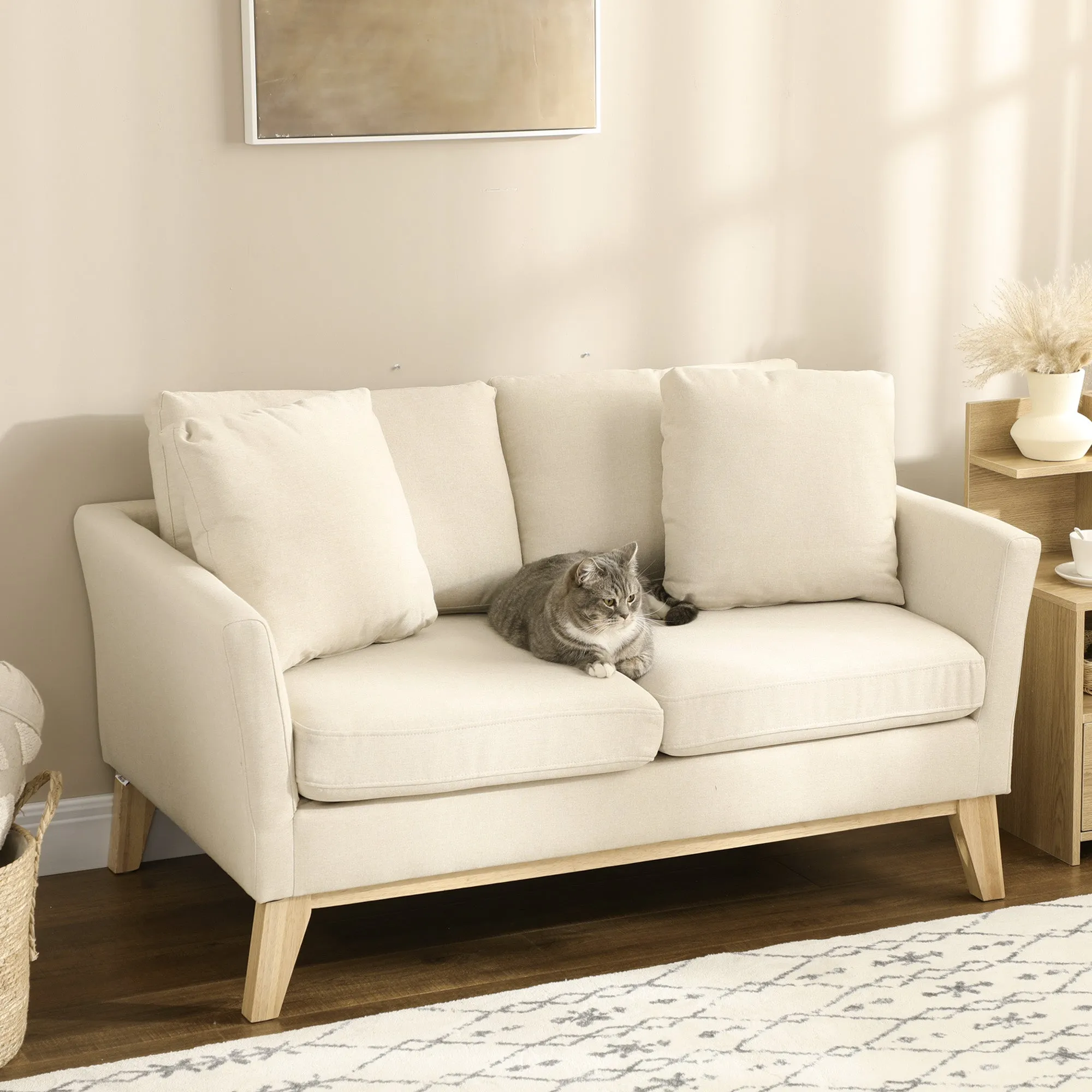 2-Seater Sofa in Eucalyptus Wood and Linen-Effect Fabric with 2 Cushions, 137x78x78 cm, Beige - Image 2