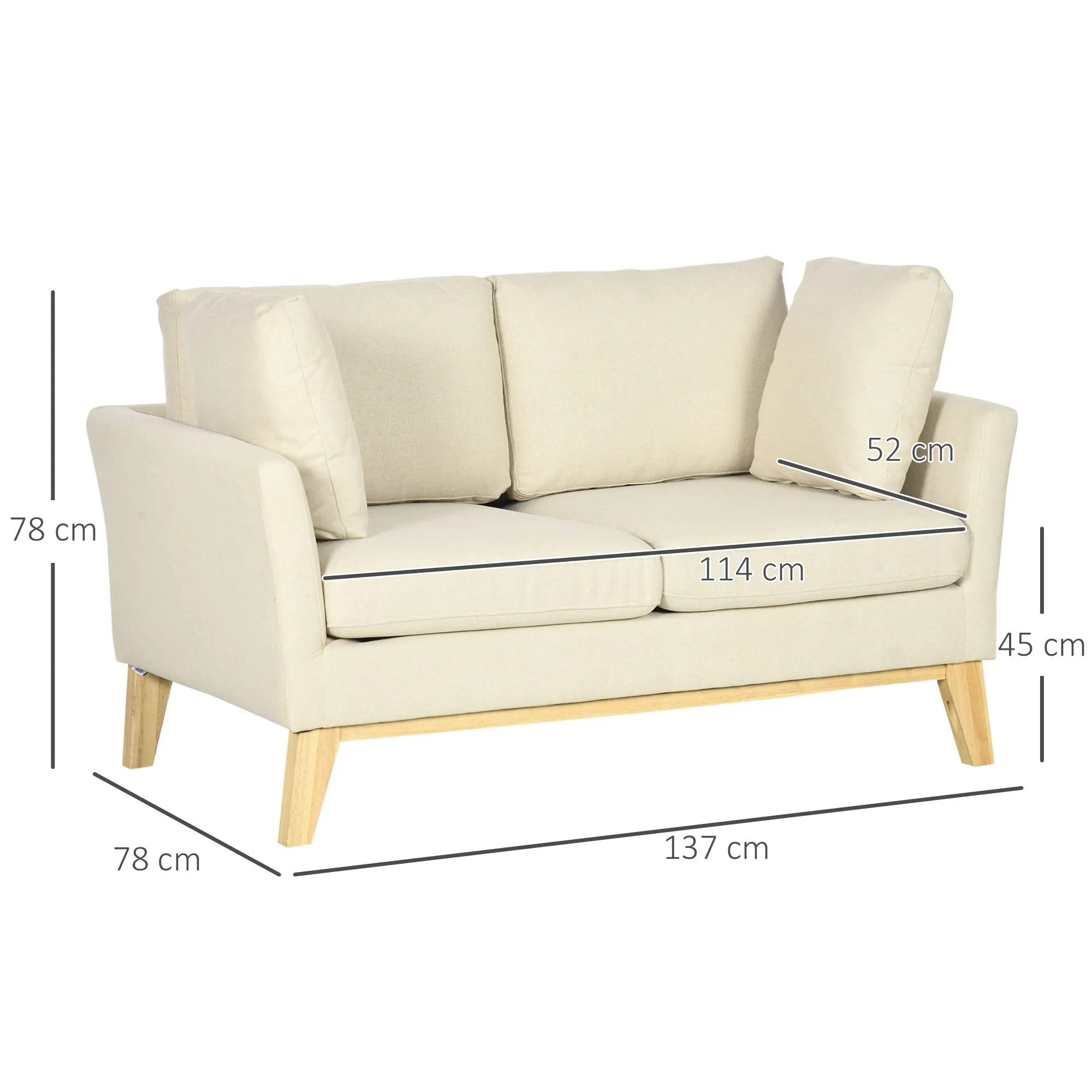 2-Seater Sofa in Eucalyptus Wood and Linen-Effect Fabric with 2 Cushions, 137x78x78 cm, Beige - Image 3