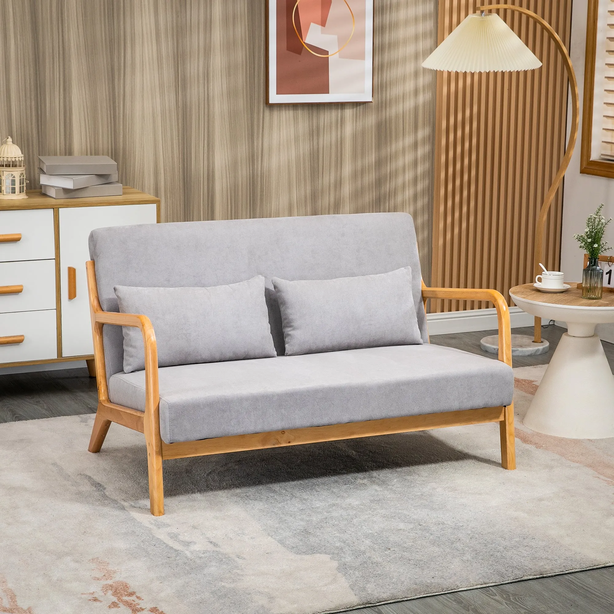 GRETA | Modern 2 Seater Wooden Sofa with Cushions, Padded Seat and Velvet Effect Fabric, 122x80x72 cm, Grey - Image 2