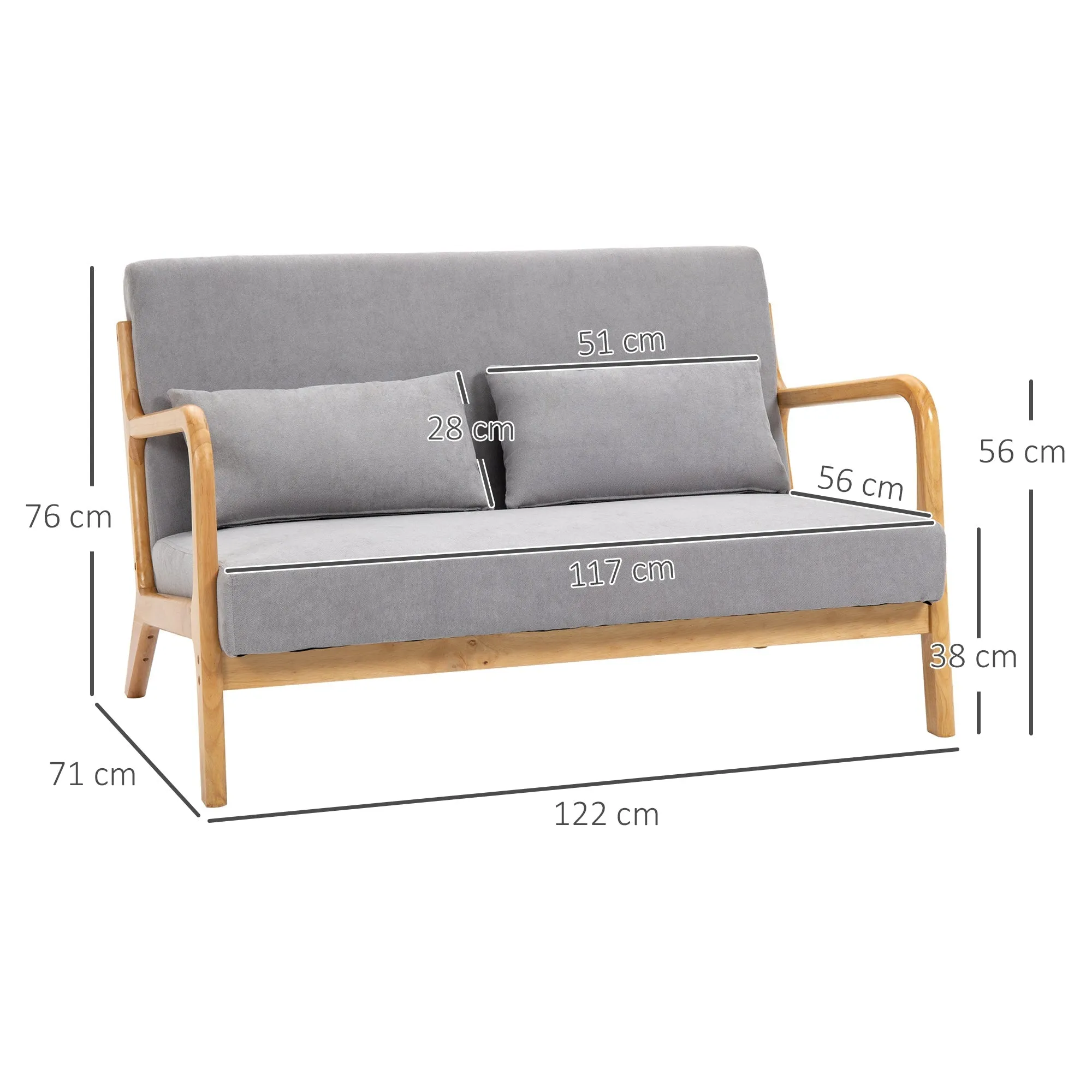 GRETA | Modern 2 Seater Wooden Sofa with Cushions, Padded Seat and Velvet Effect Fabric, 122x80x72 cm, Grey - Image 3