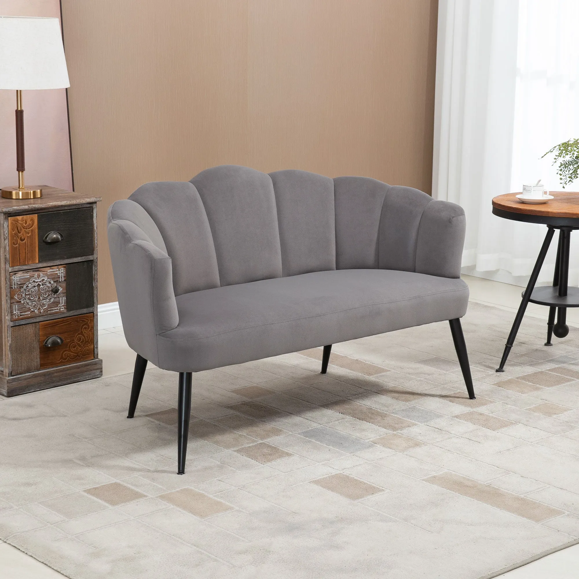 MADISON | 2 Seater Velvet Sofa with Metal Legs and Shell Backrest, 132x66x80cm, Grey - Image 2