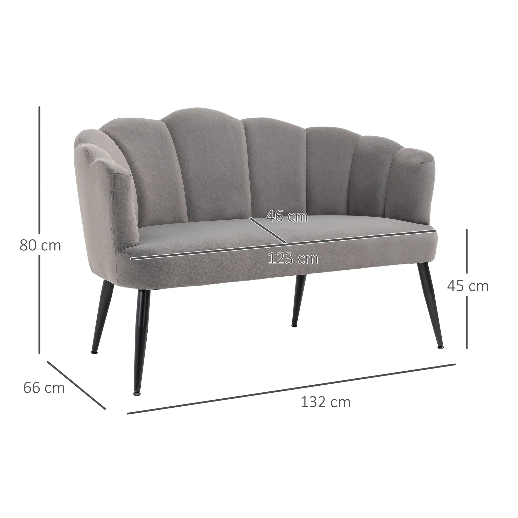 MADISON | 2 Seater Velvet Sofa with Metal Legs and Shell Backrest, 132x66x80cm, Grey - Image 3