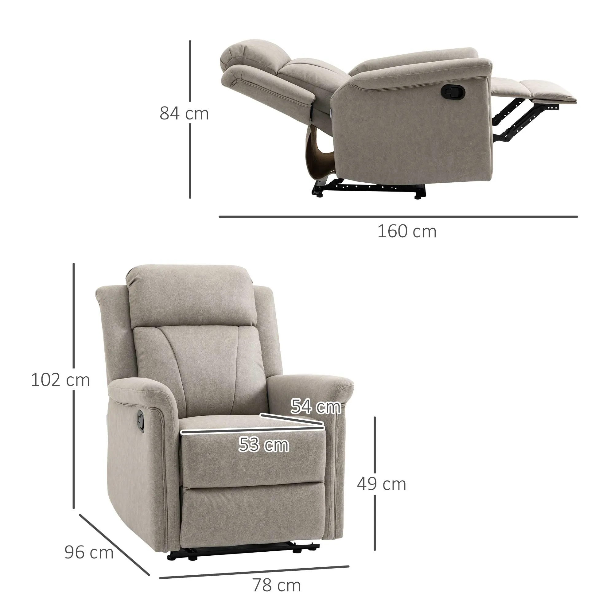 Manual Reclining Chair 135° with Footrest, Headrest and Padded Armrests, 78x96x102 cm, Grey - Image 3
