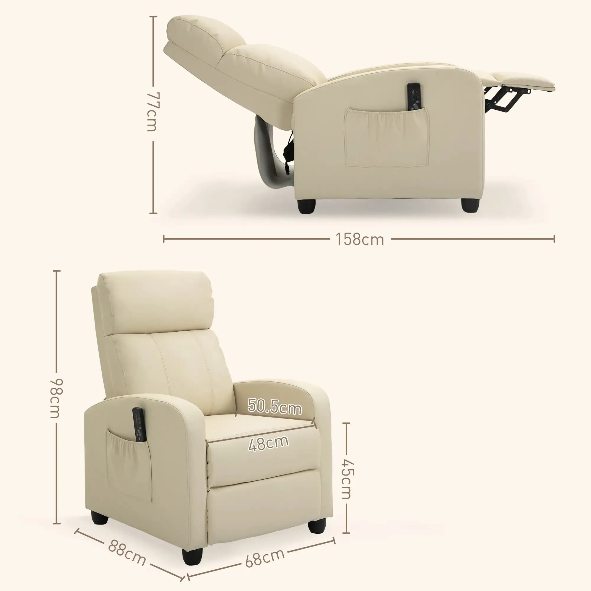Massage Relax Chair with Remote Control and 8 Programs, Reclining and Footrest, 68x88x98cm, Cream - Image 3