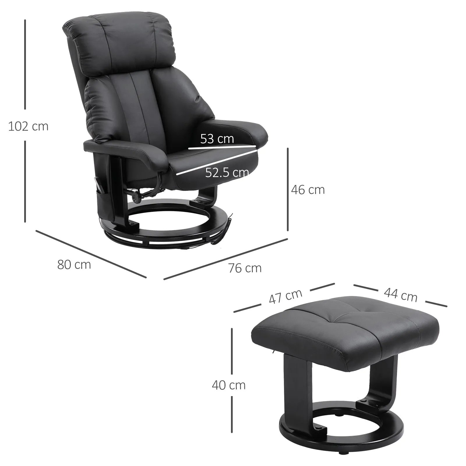 Reclining Massage Relax Chair with Pouf Footrest and Remote Control, 76x80x102 cm Black - Image 3