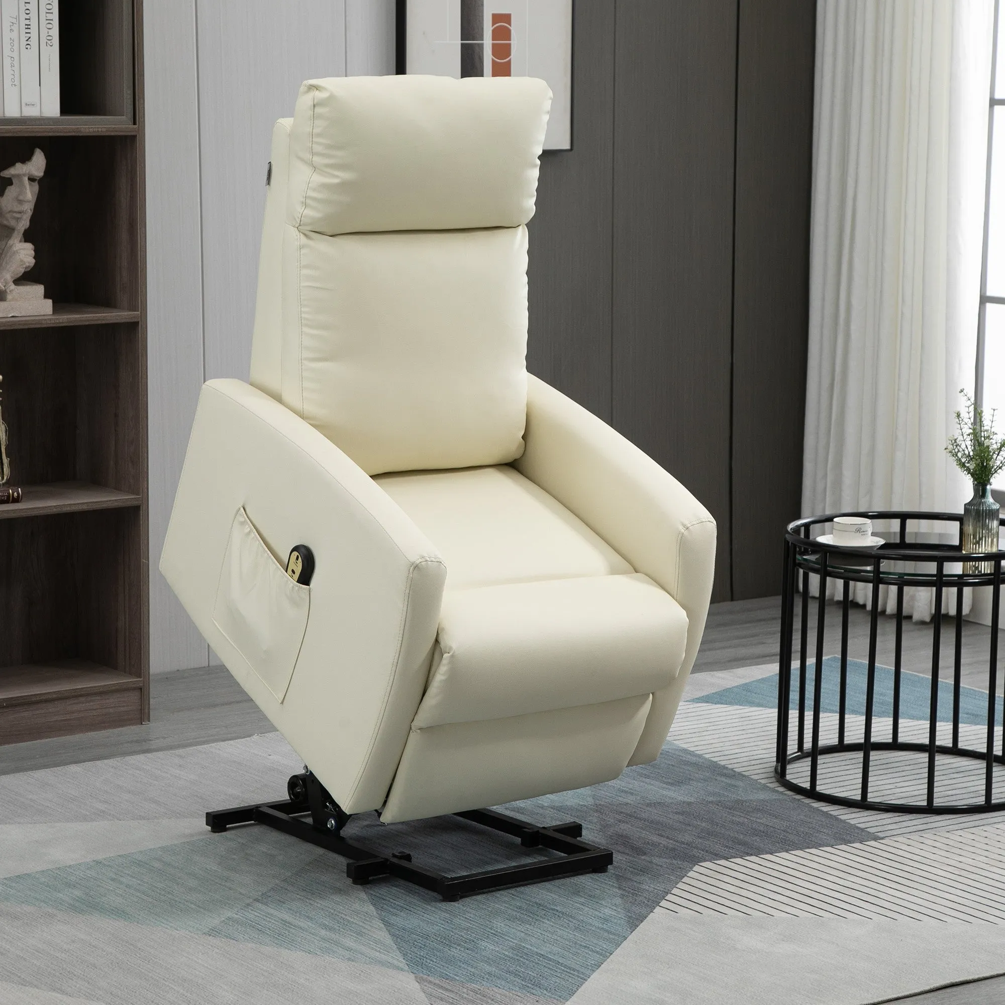 Lift Chair with Remote Control and 145° Reclining Backrest, Cream Faux Leather - Image 2
