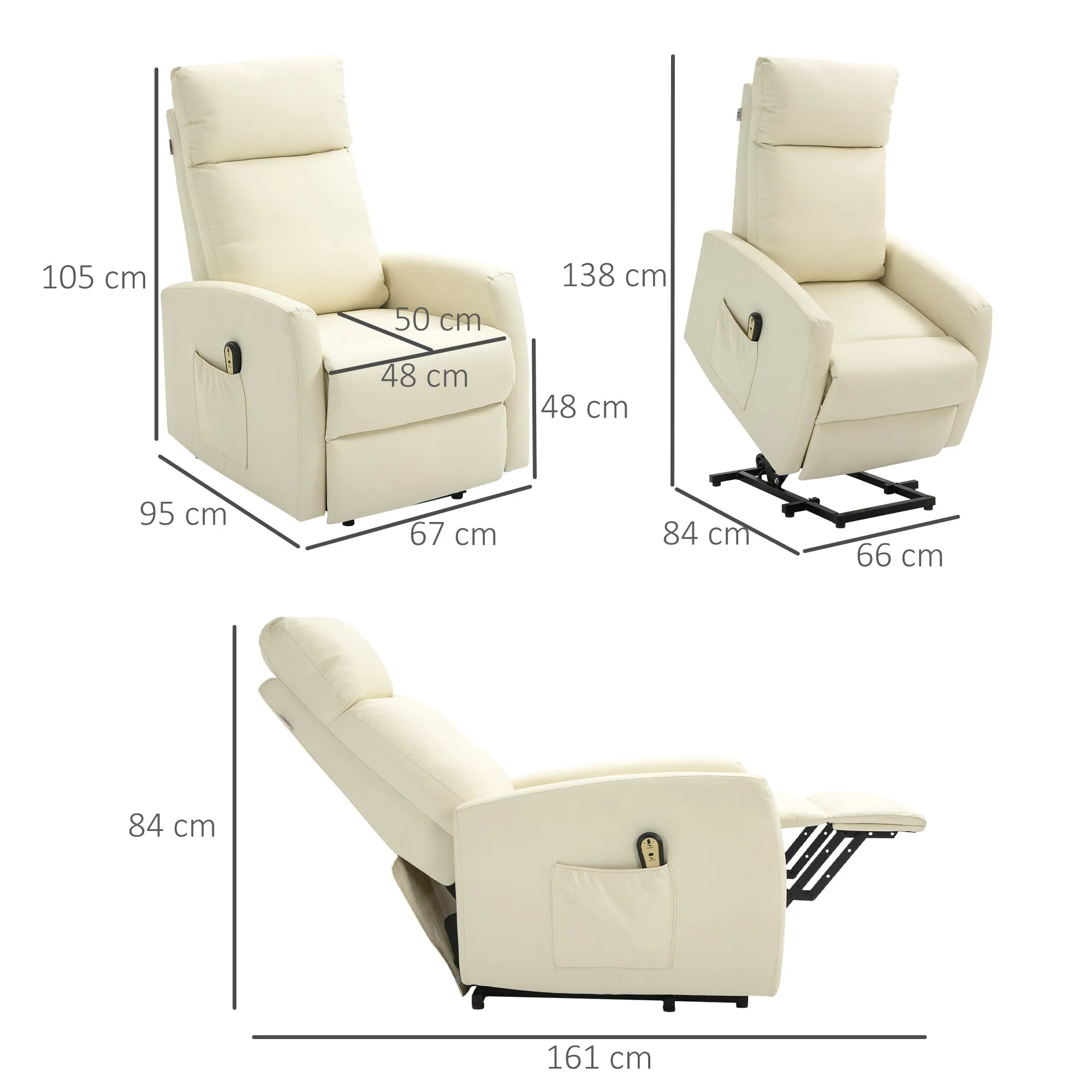 Lift Chair with Remote Control and 145° Reclining Backrest, Cream Faux Leather - Image 3